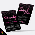 Personalised 70th birthday party Invitations Invites | Black hot pink glitter style modern design