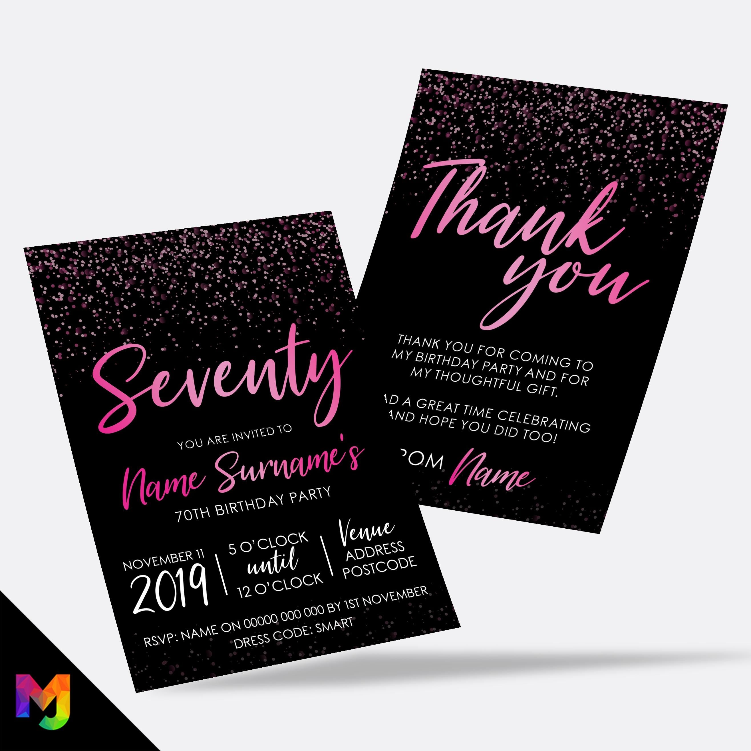 Personalised 70th birthday party Invitations Invites | Black hot pink glitter style modern design