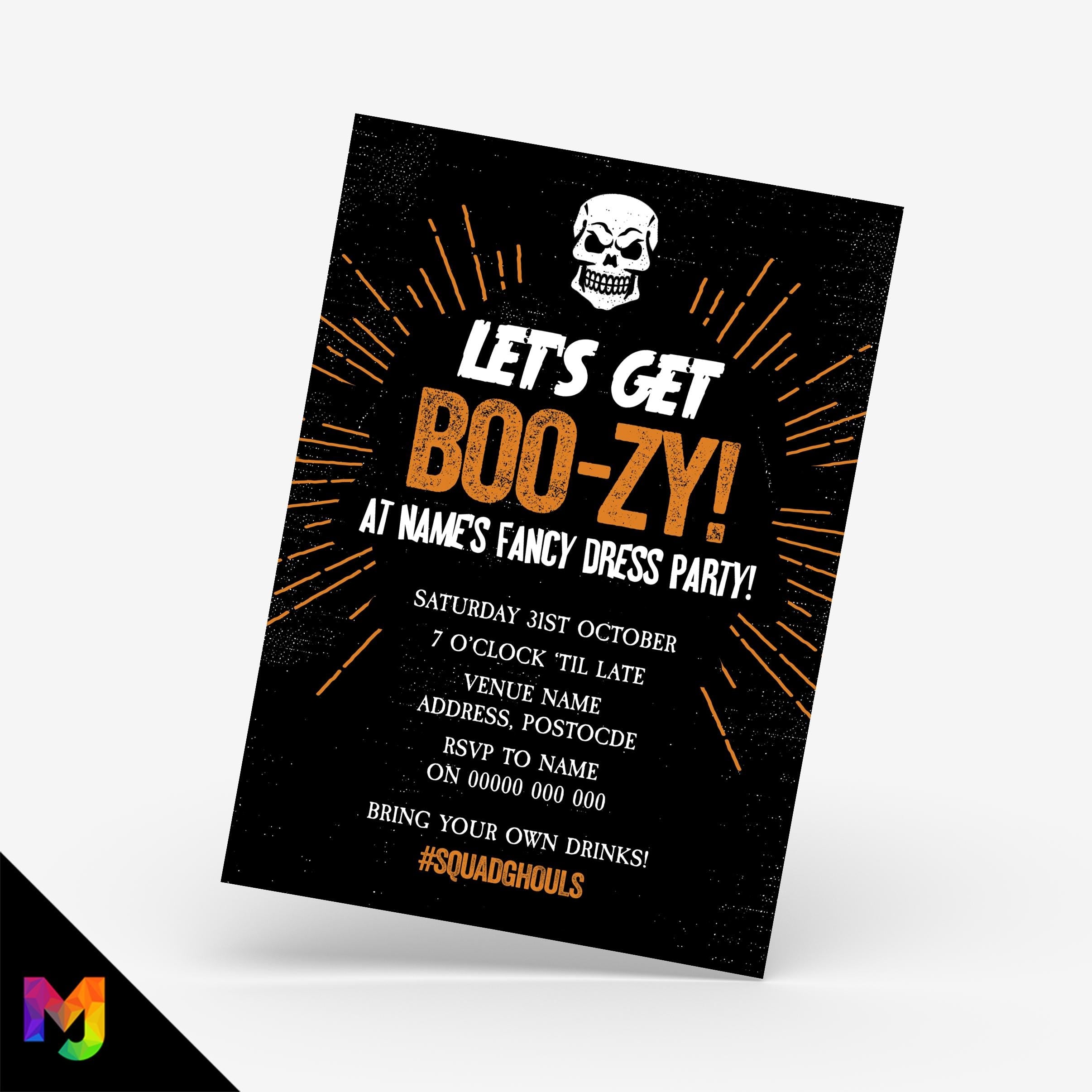 Personalised 'Lets get Boo-zy' Halloween party invitations | Adults spooky scary drink family partying fun food