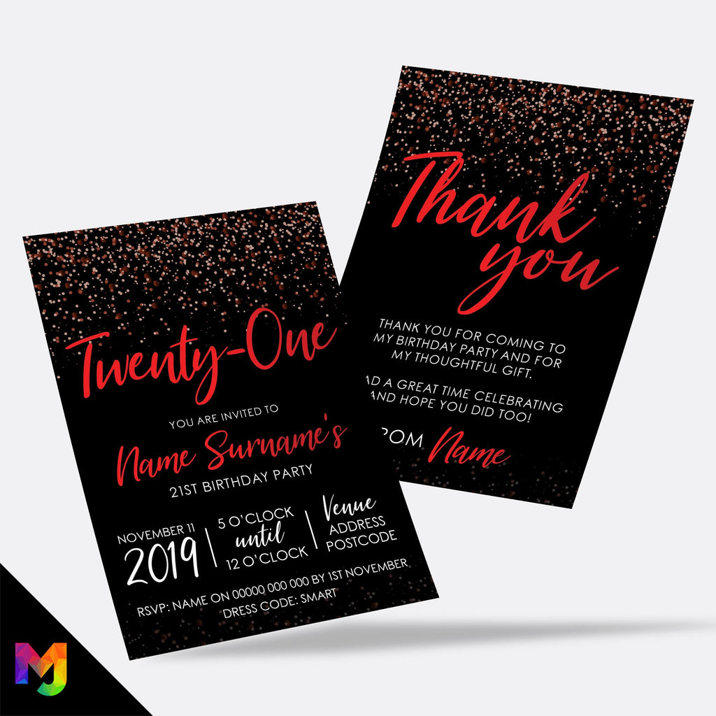 Personalised 21st birthday party Invitations Invites | Black red glitter modern design