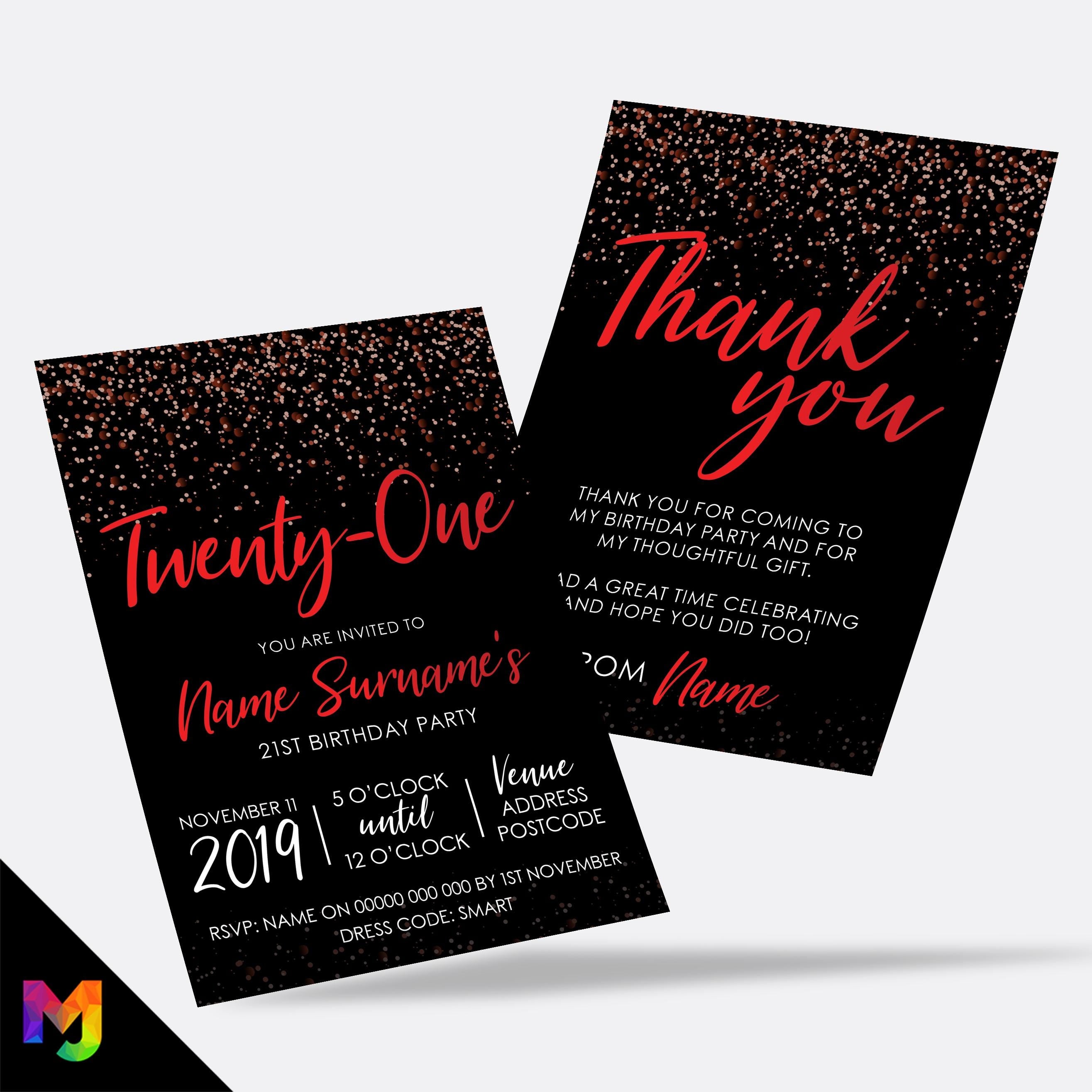 Personalised 21st birthday party Invitations Invites | Black red glitter modern design