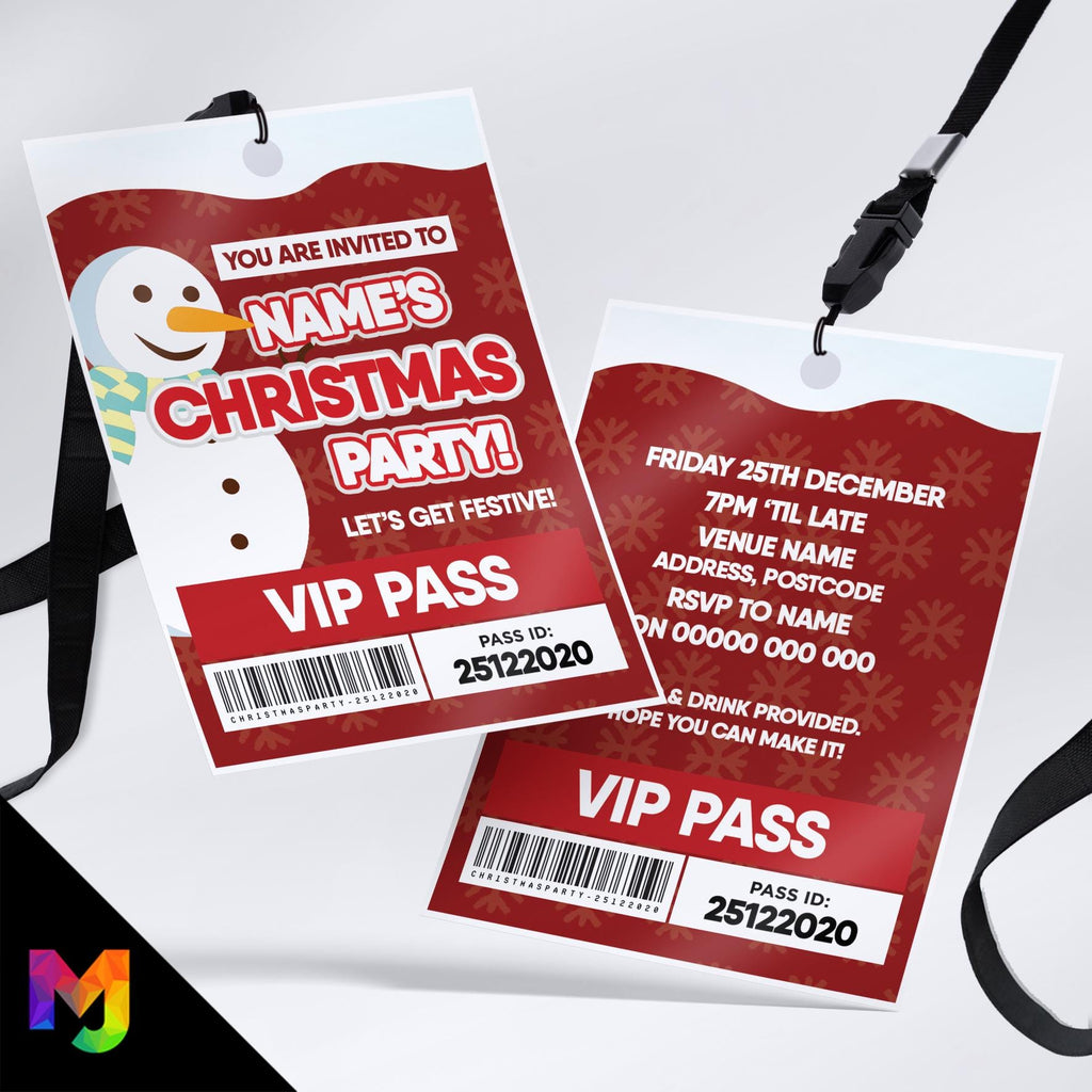 Personalised Christmas party style VIP pass & lanyards | Snowman Xmas Red Snow 01