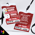 Personalised Christmas party style VIP pass & lanyards | Snowman Xmas Red Snow 01