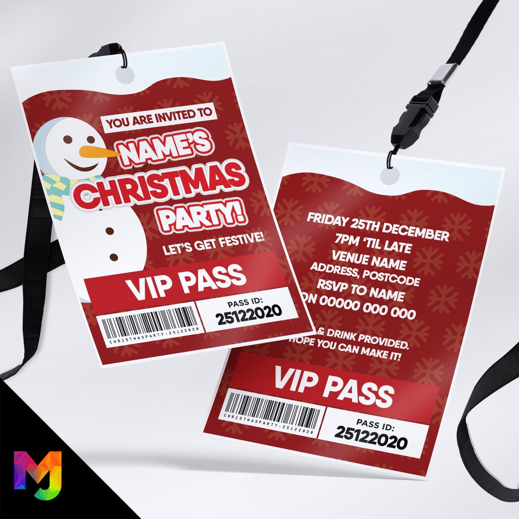 Personalised Christmas party style VIP pass & lanyards | Snowman Xmas Red Snow 01