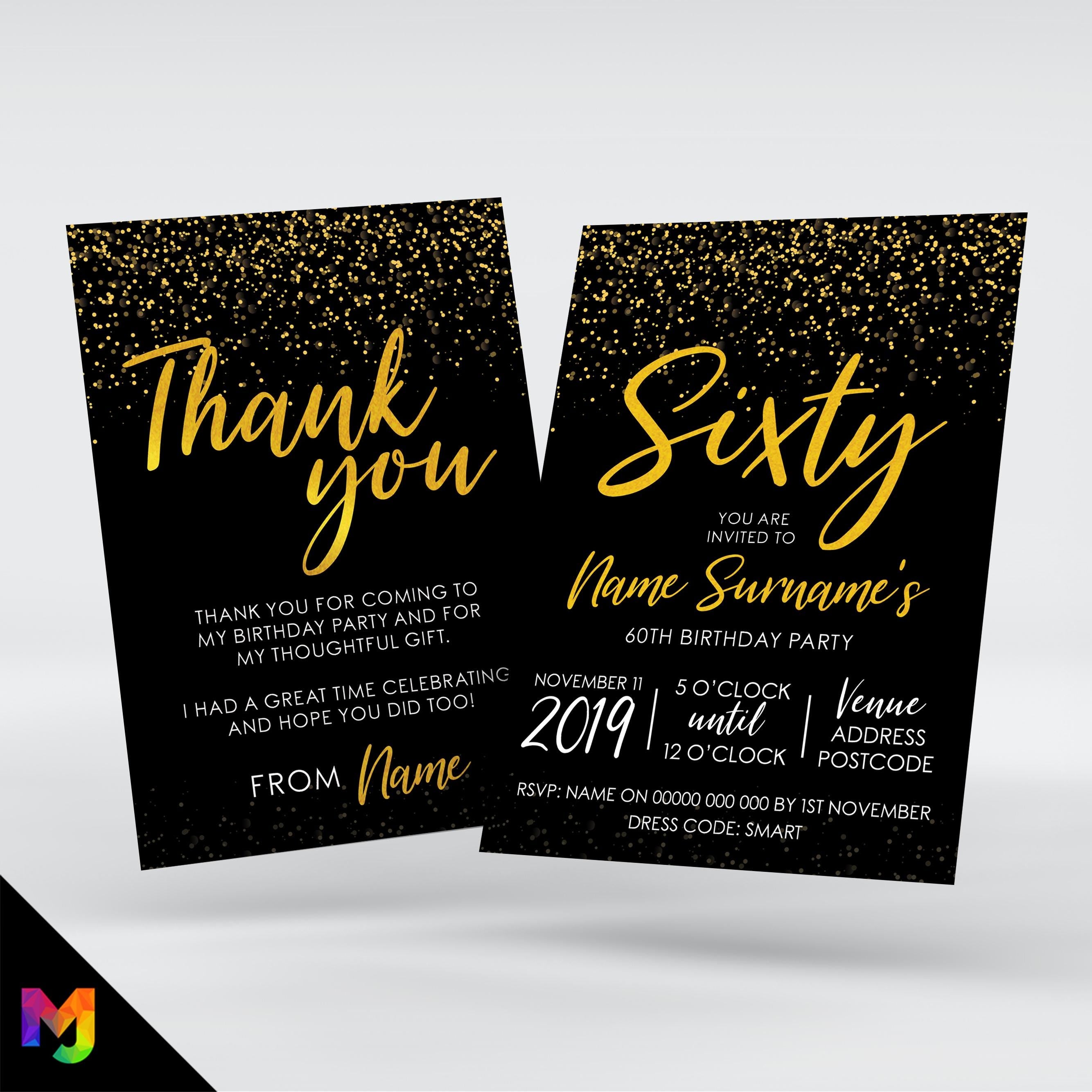 Personalised 60th birthday party invitations | Gold black glitter modern design
