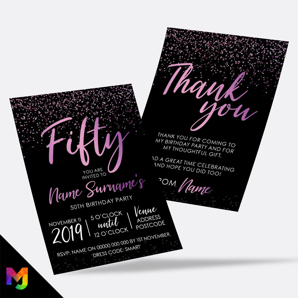 Personalised 50th birthday party Invitations Invites | Black purple pink glitter style modern design