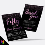 Personalised 50th birthday party Invitations Invites | Black purple pink glitter style modern design