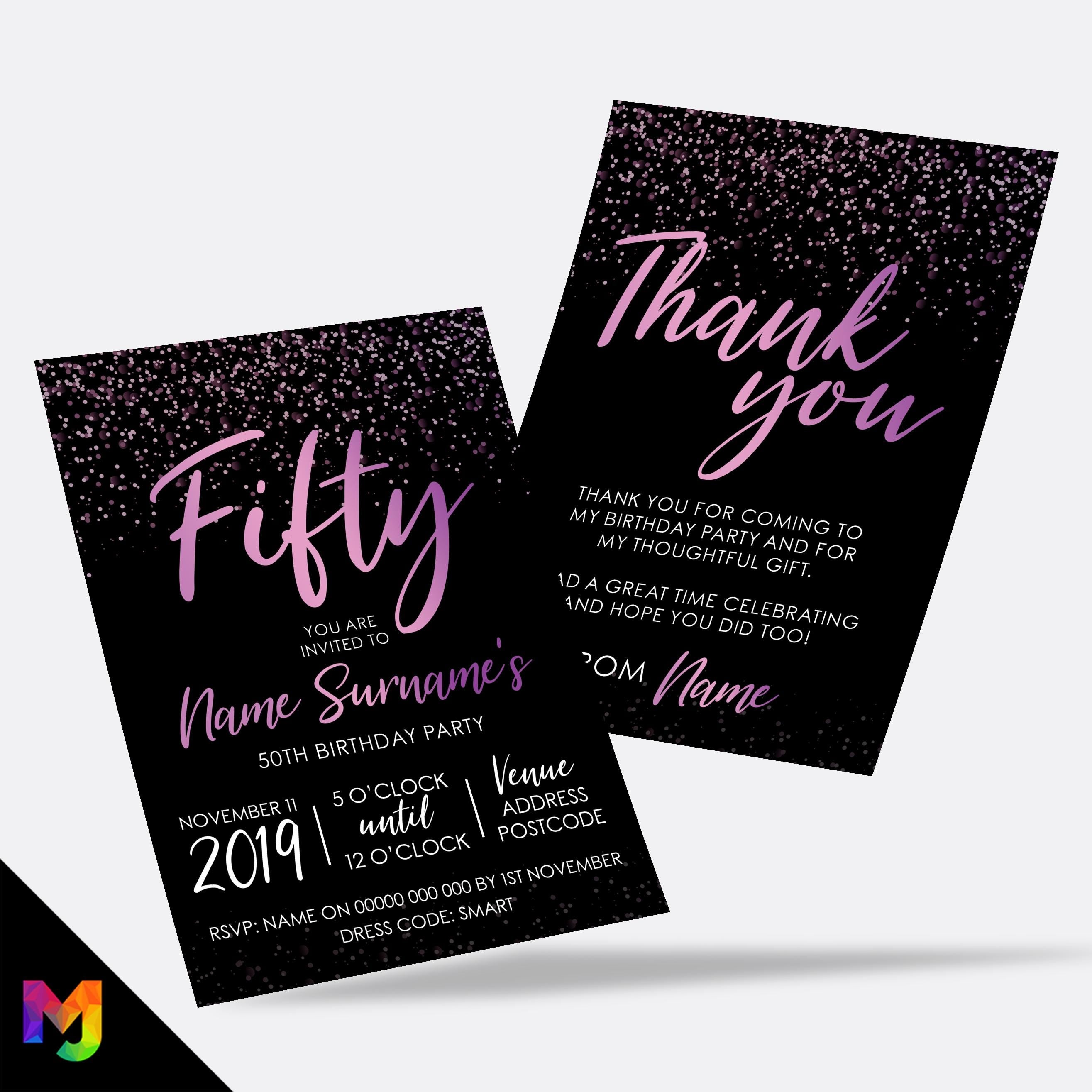 Personalised 50th birthday party Invitations Invites | Black purple pink glitter style modern design