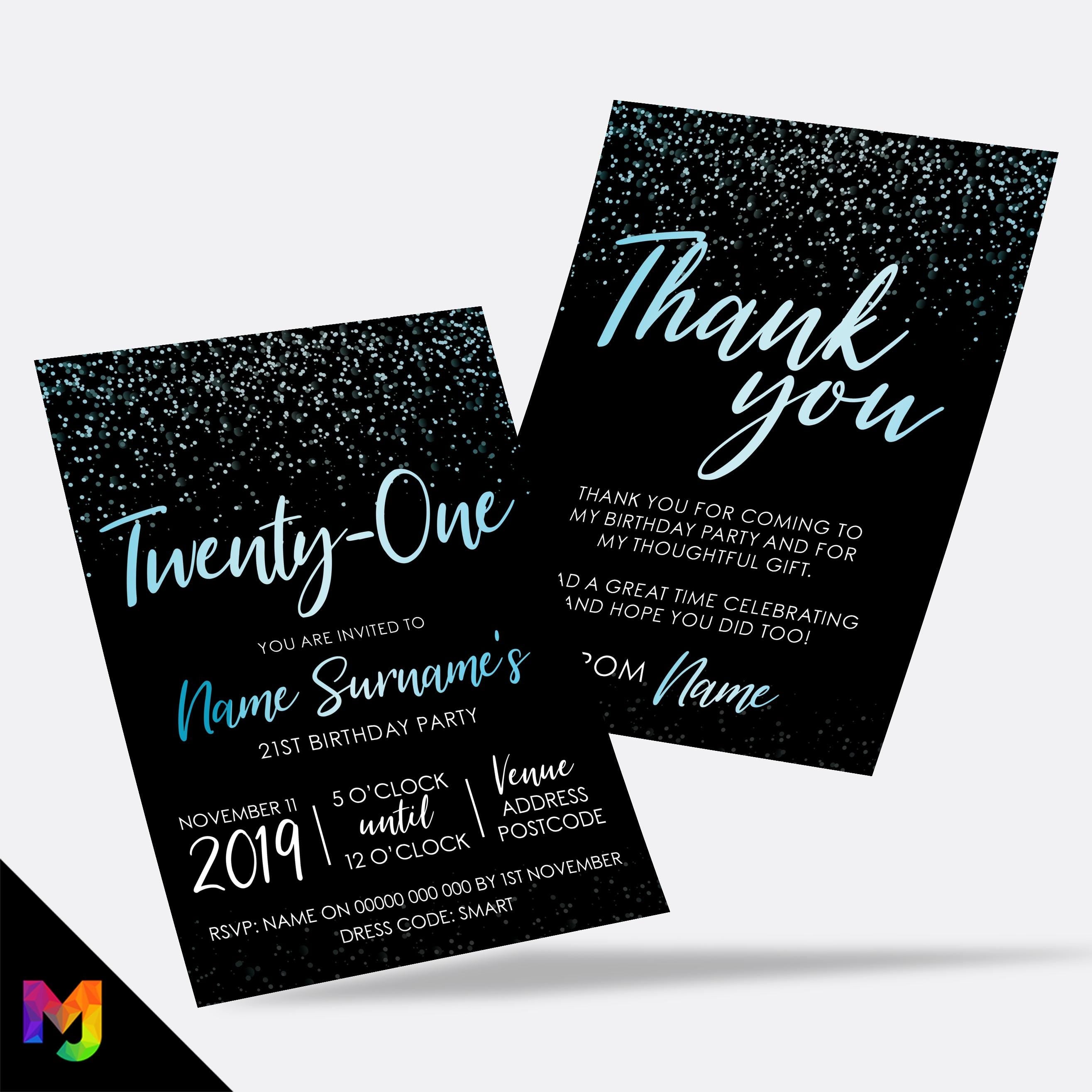 Personalised 21st birthday party Invitations Invites | Black blue gold glitter modern design