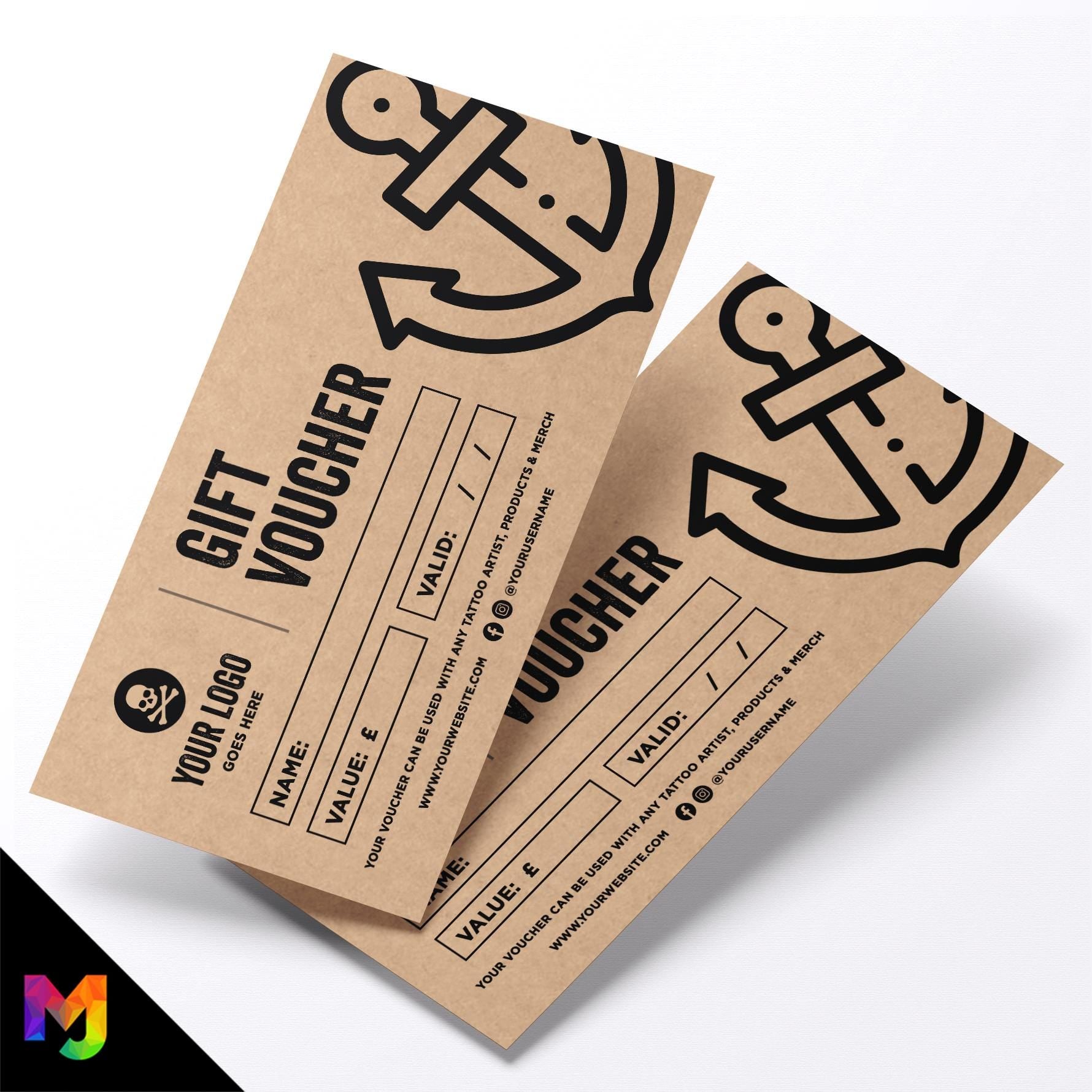 Custom printed kraft gift vouchers | Eco-friendly recycled | Tattoo studio tattooist artist piercing body art trad 3
