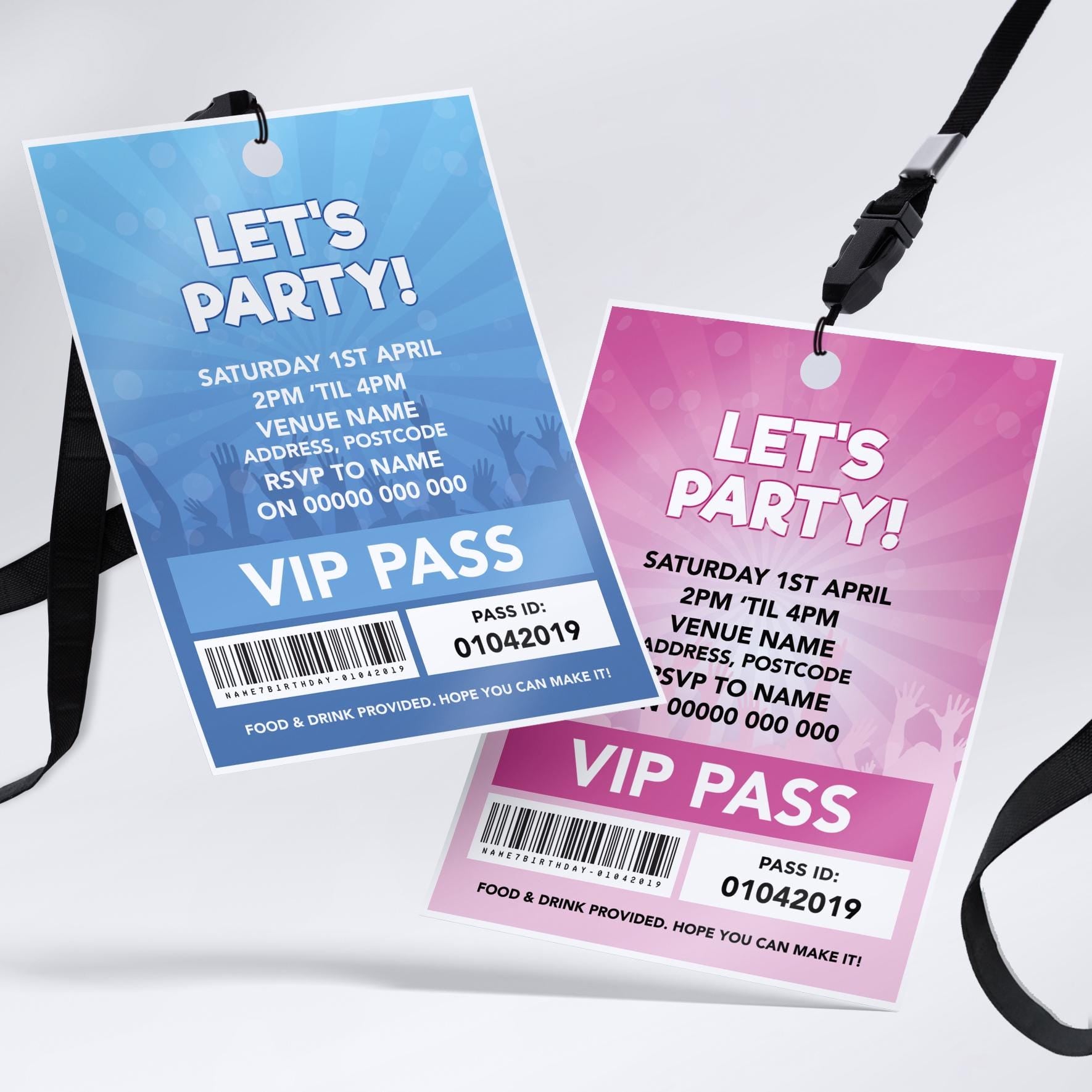 Personalised disco music party style VIP pass & lanyard Invitations Invites | Pink/blue