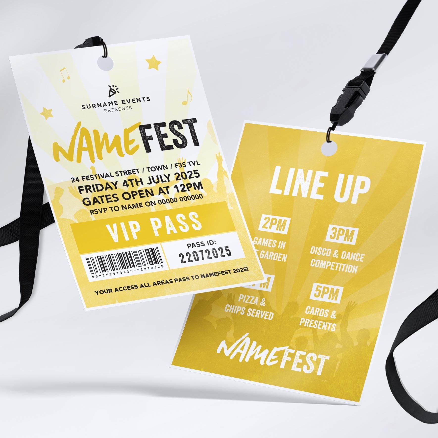 Personalised festival style VIP pass & lanyard Invitations Invites | Any colour | Music summer fest