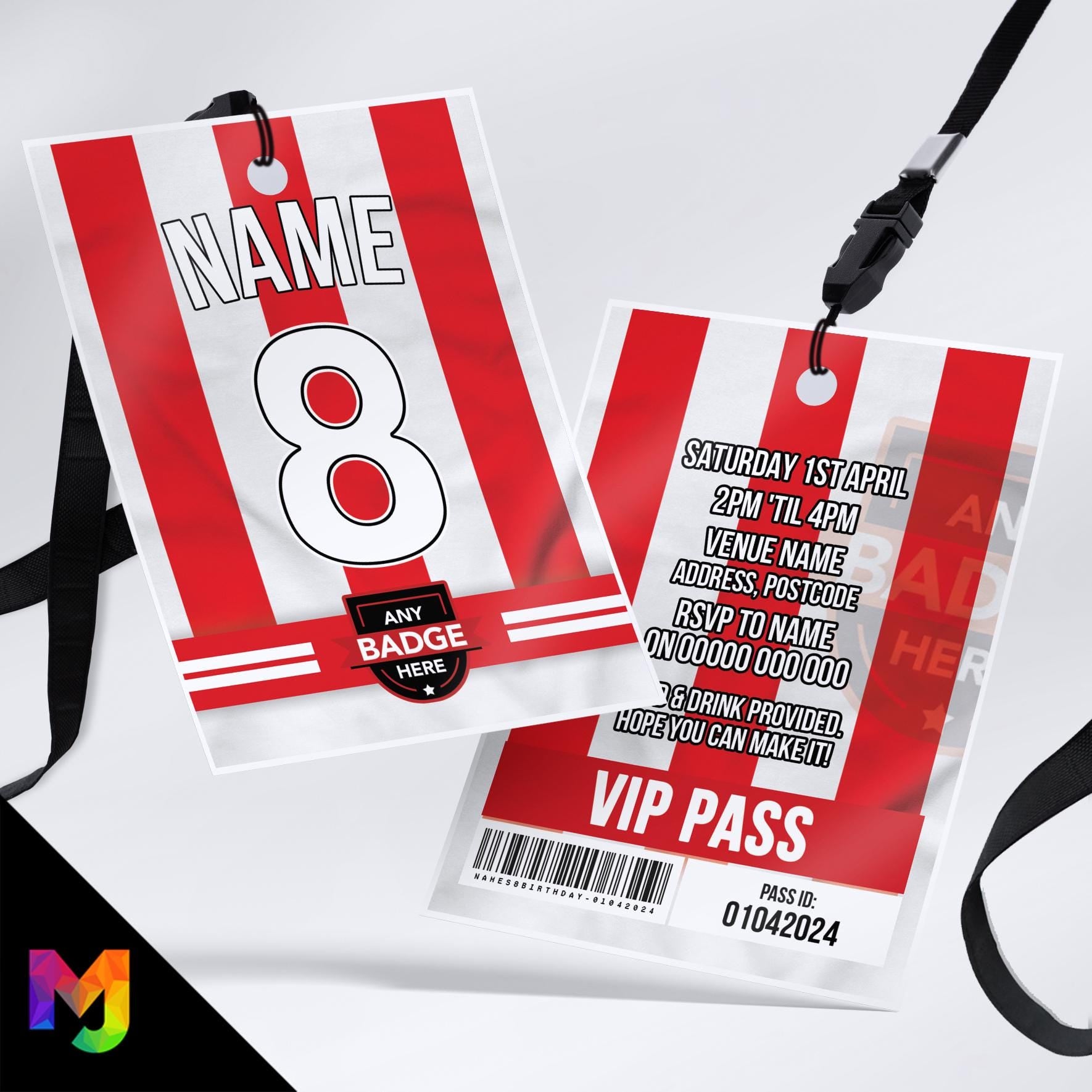 Personalised football shirt style VIP pass & lanyard Invitations Invites | Any Team | Red and white striped shirt style
