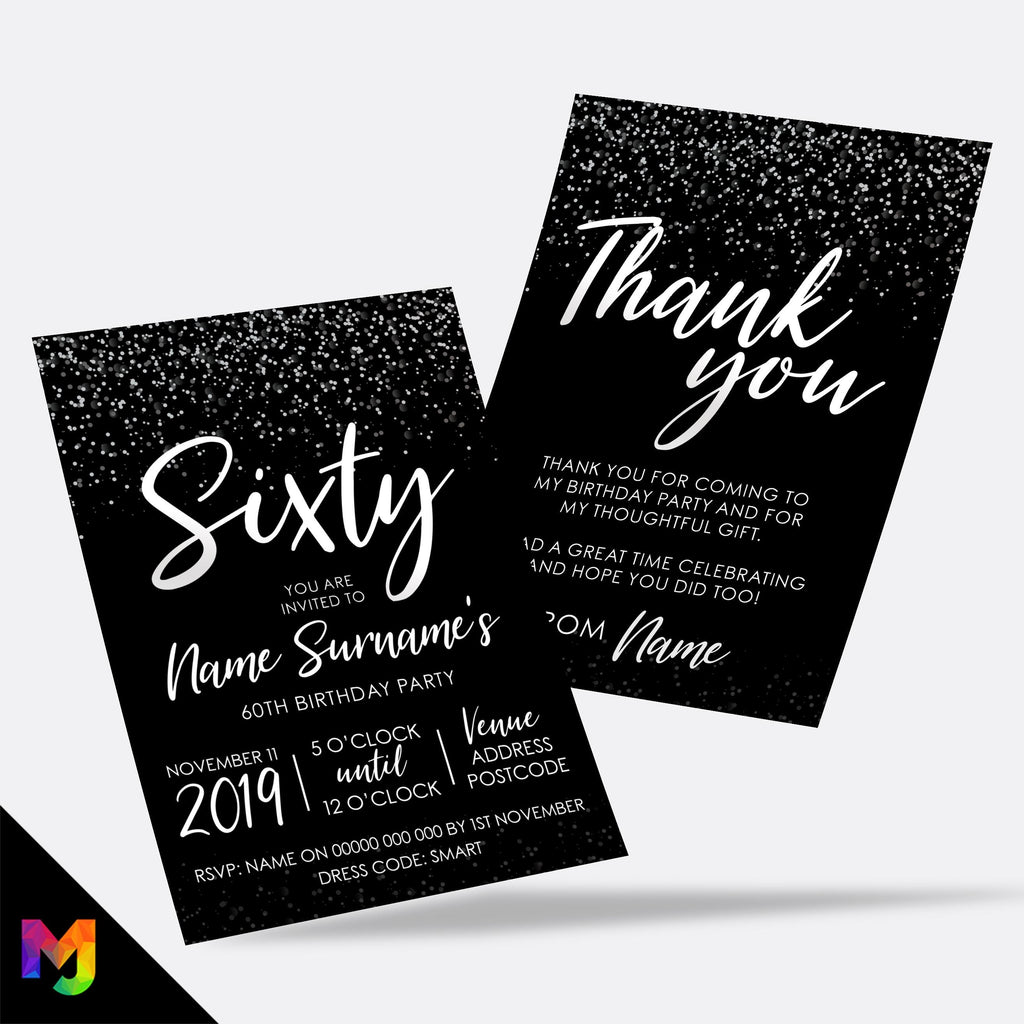 Personalised 60th birthday party Invitations Invites | Black white silver glitter modern design