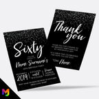 Personalised 60th birthday party Invitations Invites | Black white silver glitter modern design