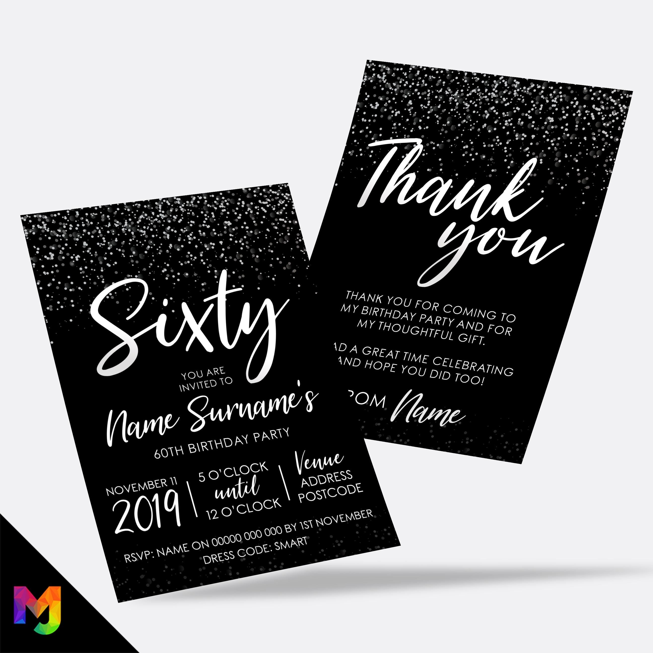 Personalised 60th birthday party Invitations Invites | Black white silver glitter modern design
