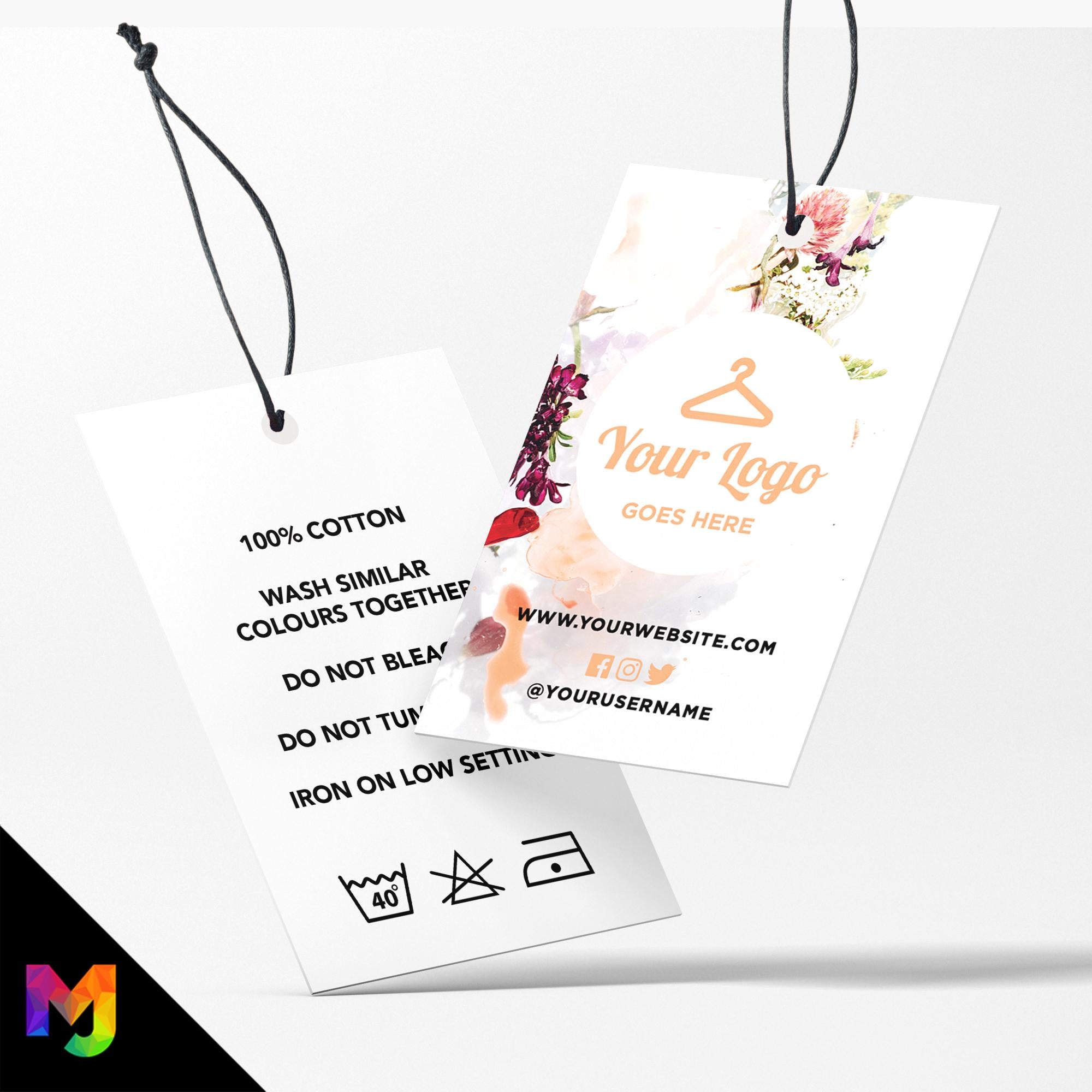 Custom printed clothing swing tags cards | Orange floral flowers feminine design