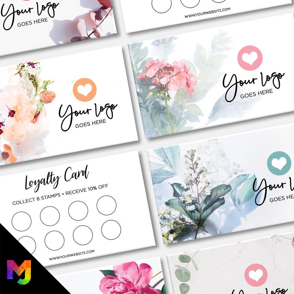 Custom printed loyalty reward cards | Floral flowers feminine cute pink purple orange blue roses flower elegant generic businesses