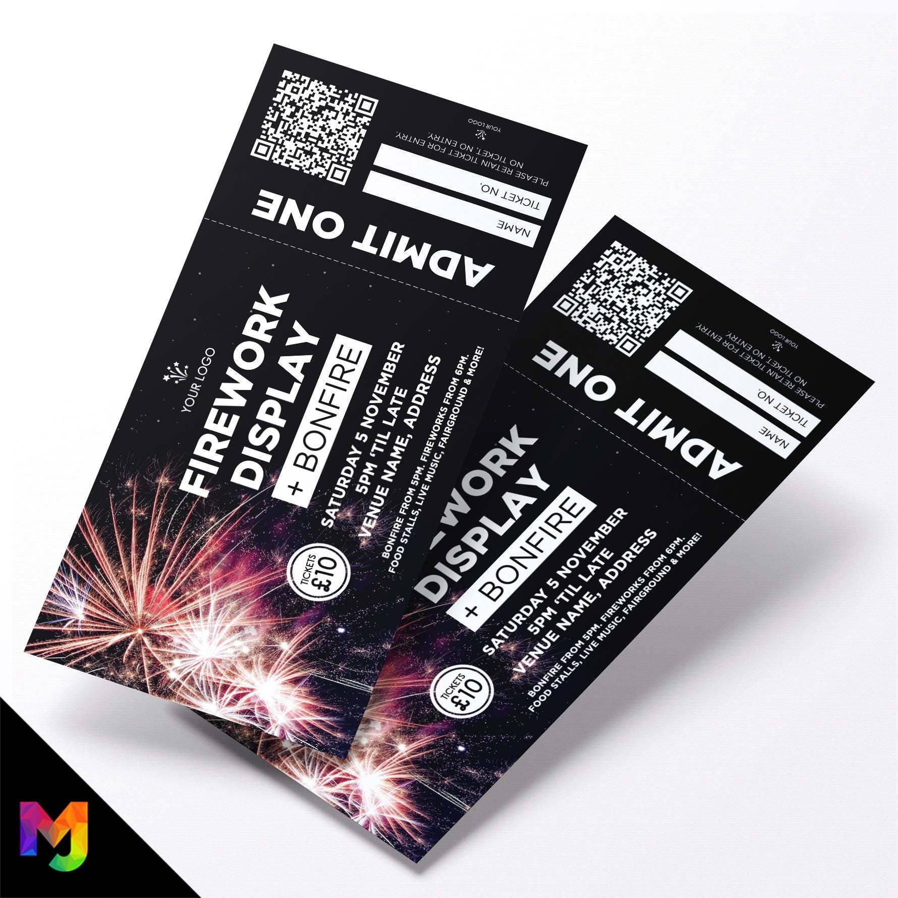 Custom printed Firework Bonfire night tickets | Perforated stubs | Fire flame party
