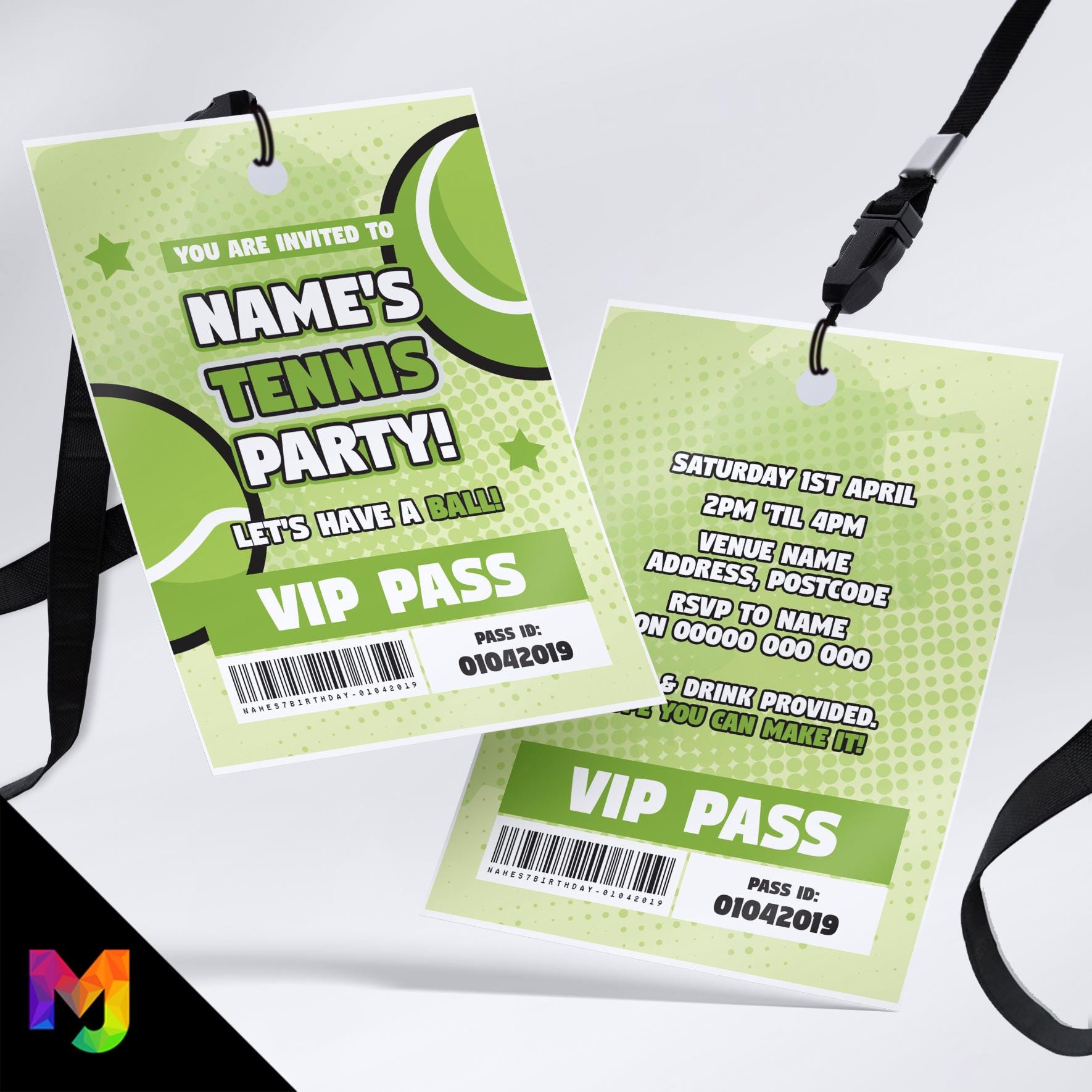 Personalised tennis / sports party style VIP pass & lanyards