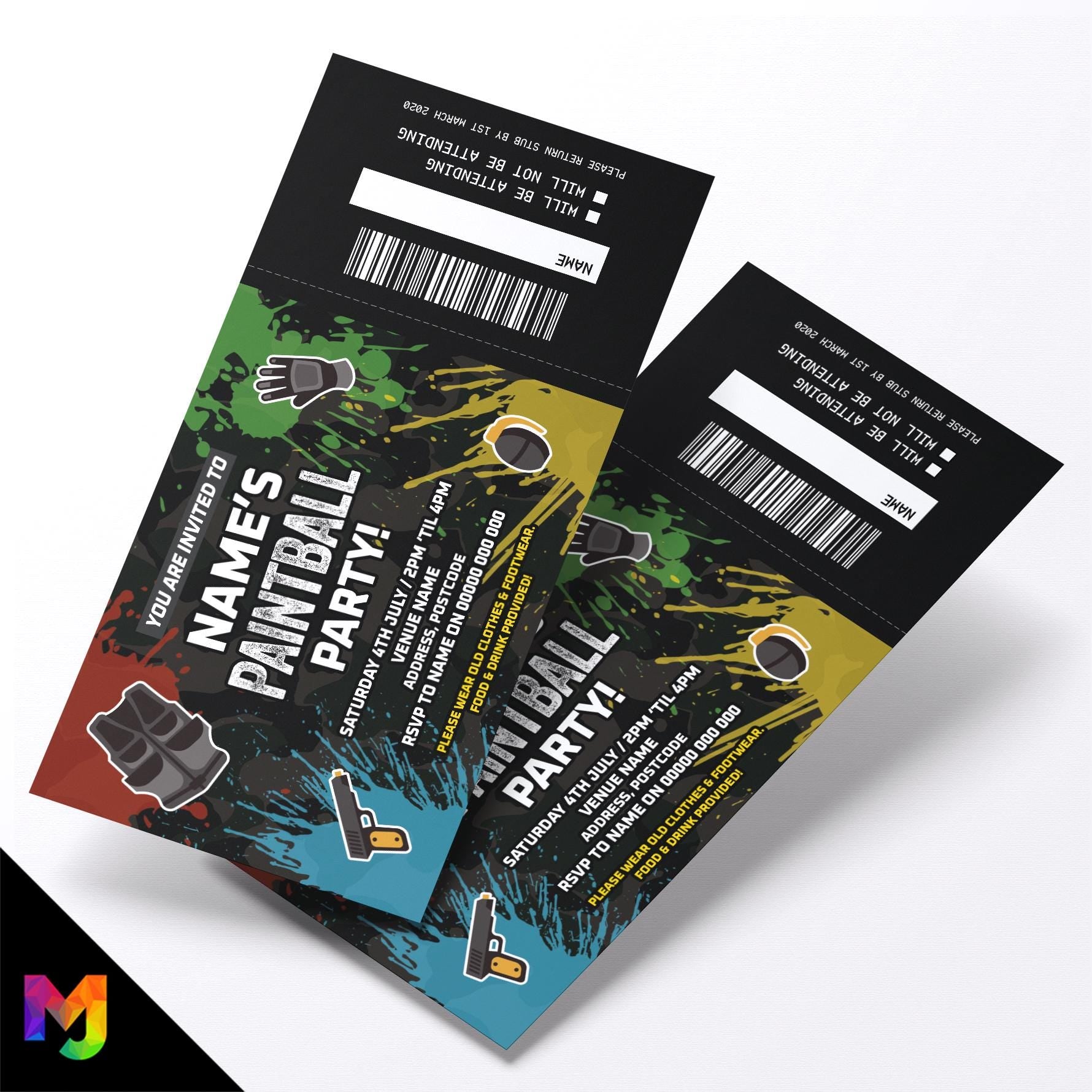 Personalised paintball party ticket style birthday invitations invites | Perforated | Paintballing fun outdoor adventure parties boys girls