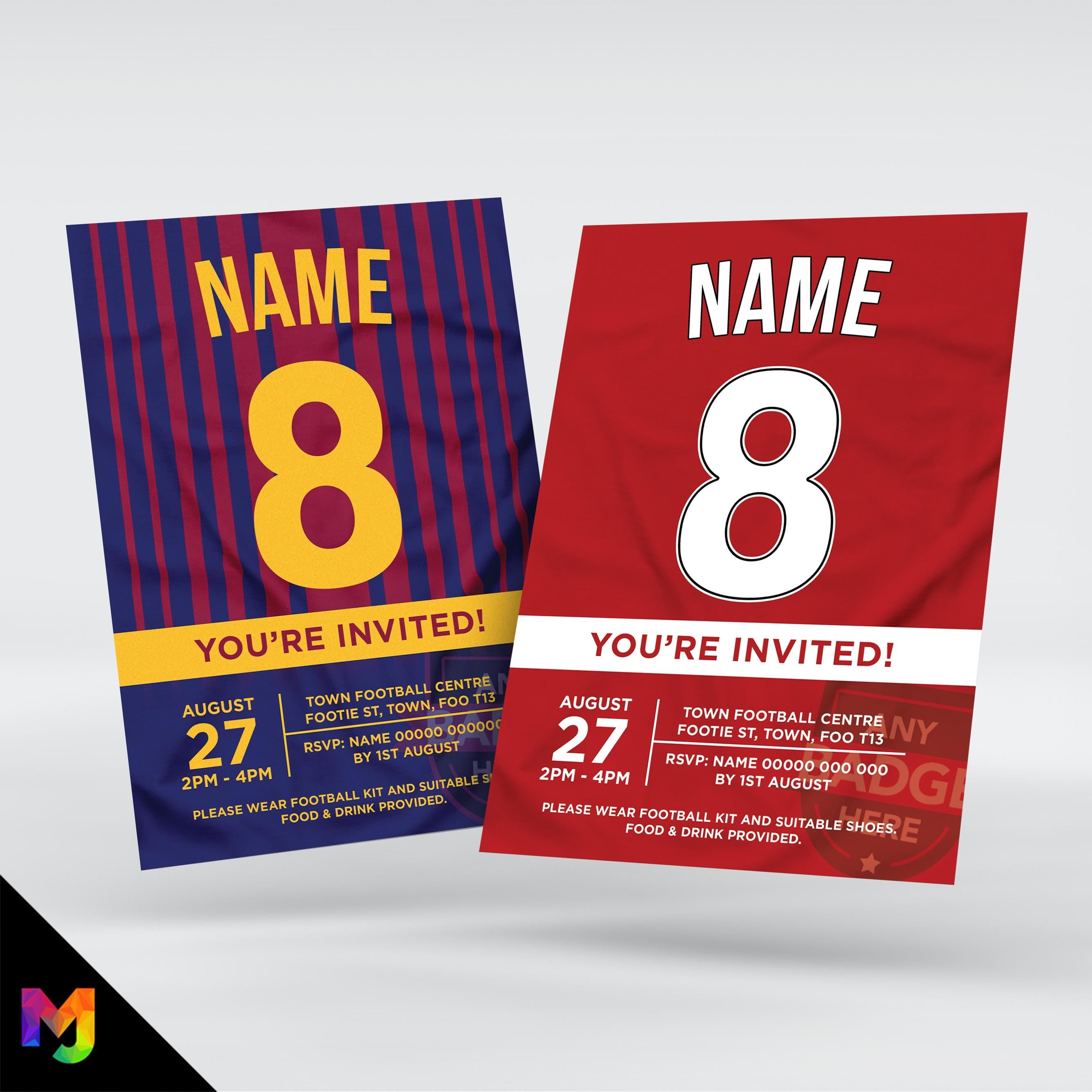 Personalised football shirt style Invitations Invites + thank you cards | Any colours!