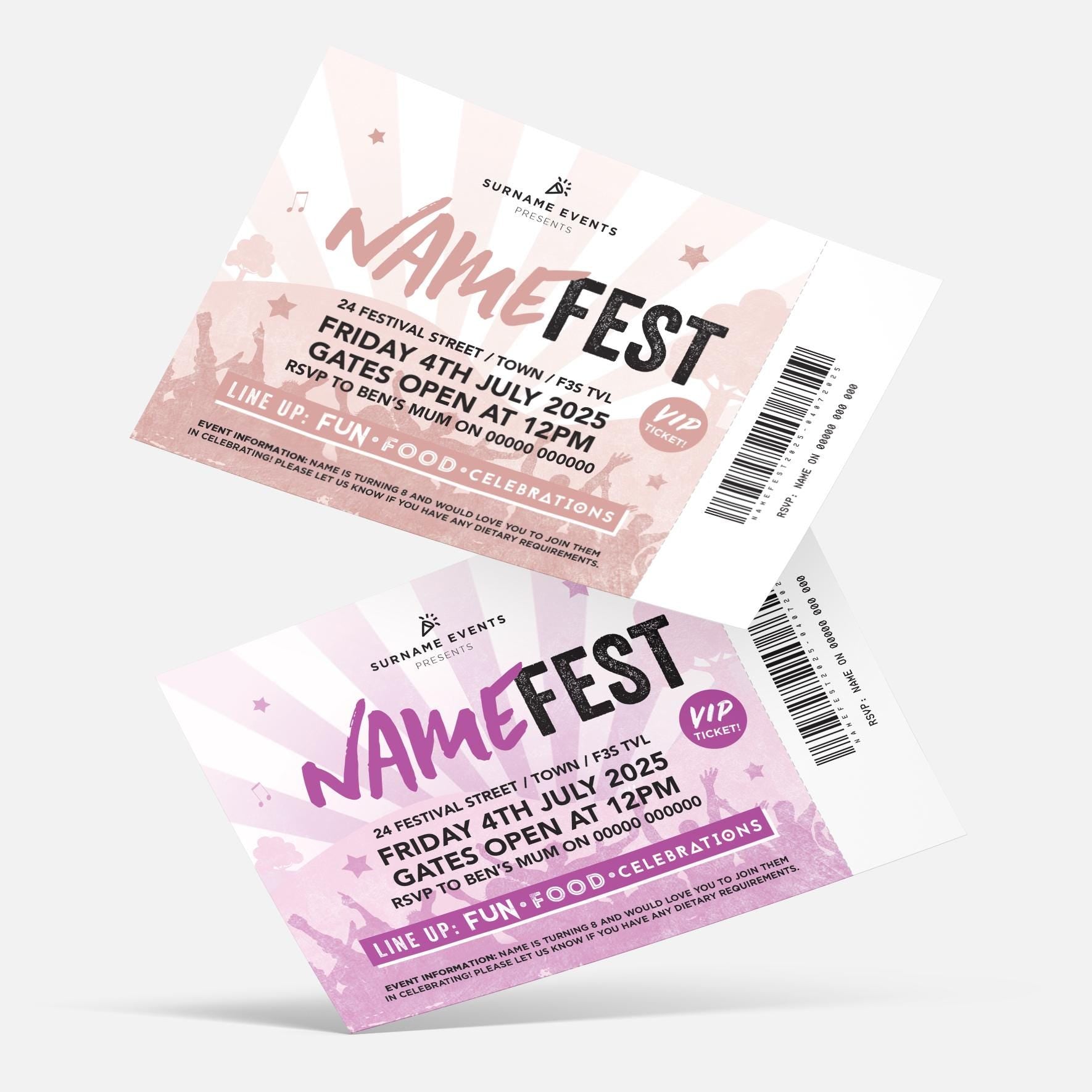 Personalised festival ticket style Invitations Invites