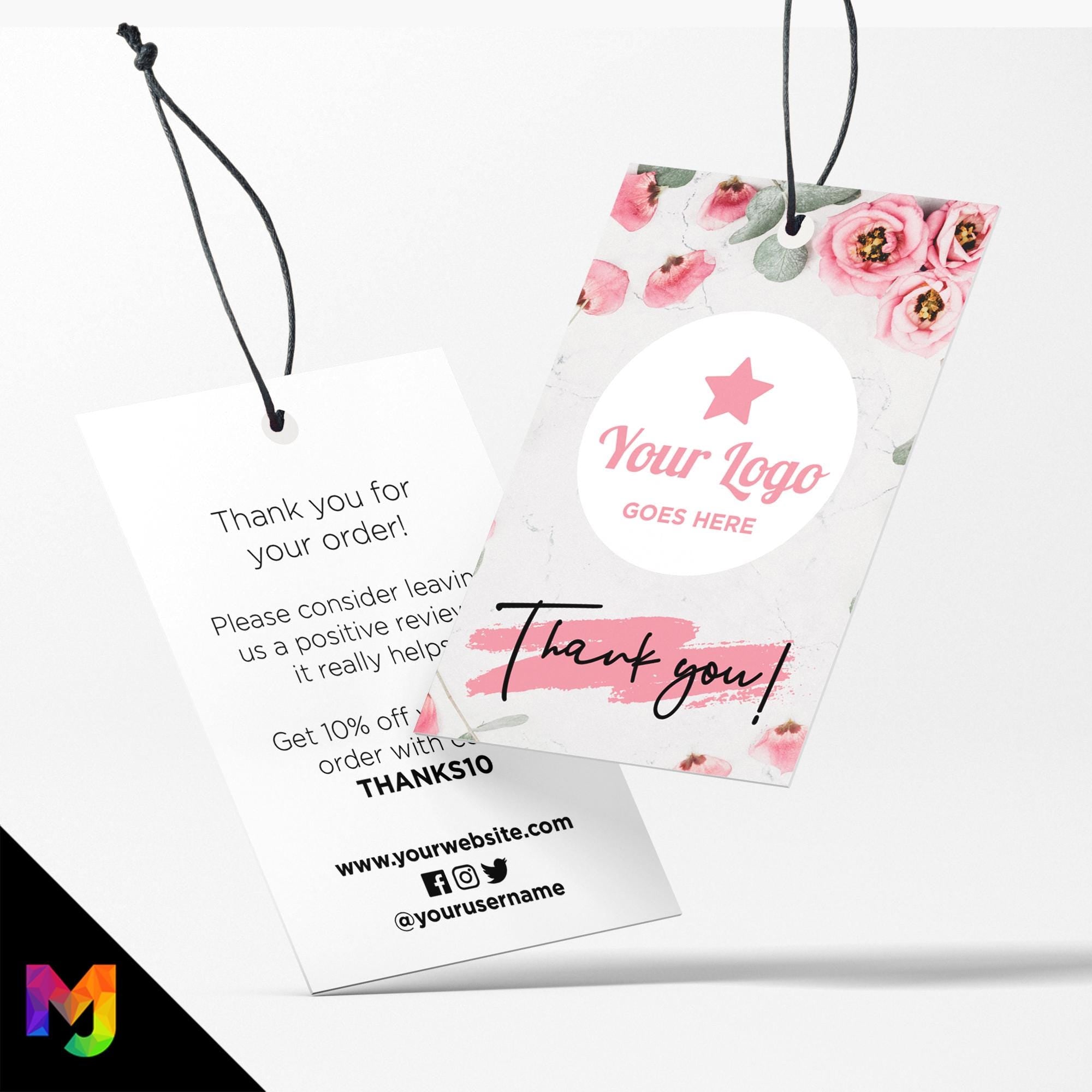 Custom printed thank you swing tags cards | Pink bouquet floral flowers feminine design