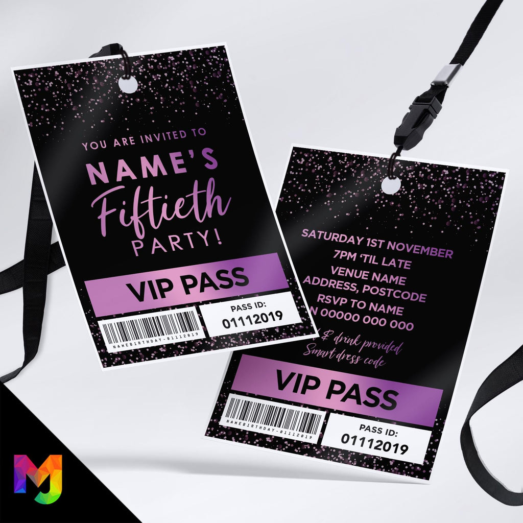 Personalised 50th birthday style VIP pass & lanyards | Purple black glitter design | ANY AGE!