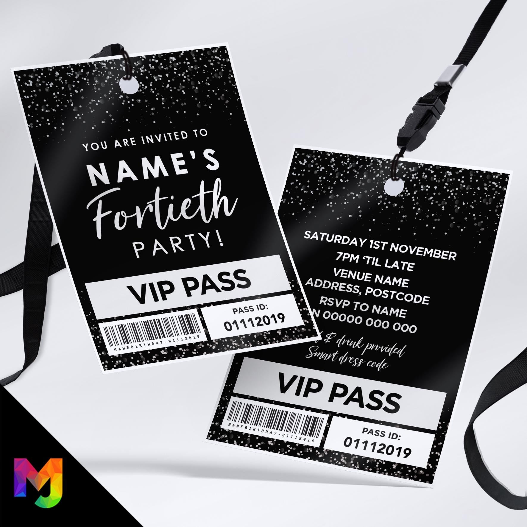 Personalised 40th birthday style VIP pass & lanyards | Silver black glitter design | ANY AGE!