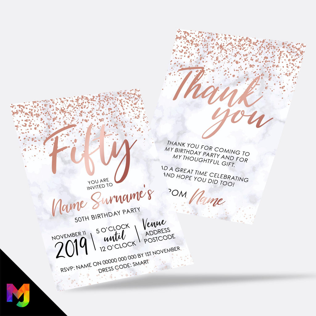 Personalised 50th birthday party Invitations Invites | Marble rose gold glitter modern design