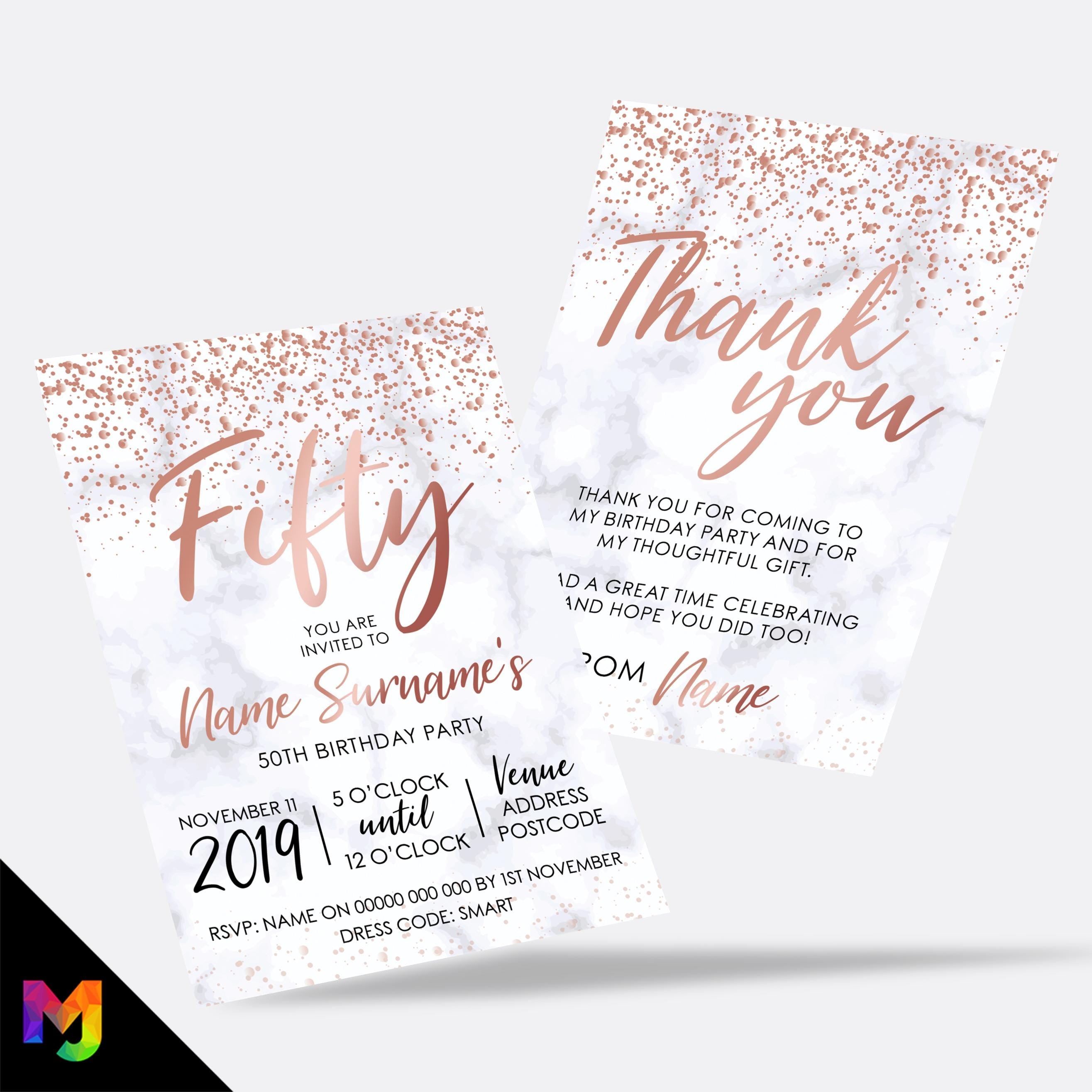 Personalised 50th birthday party Invitations Invites | Marble rose gold glitter modern design