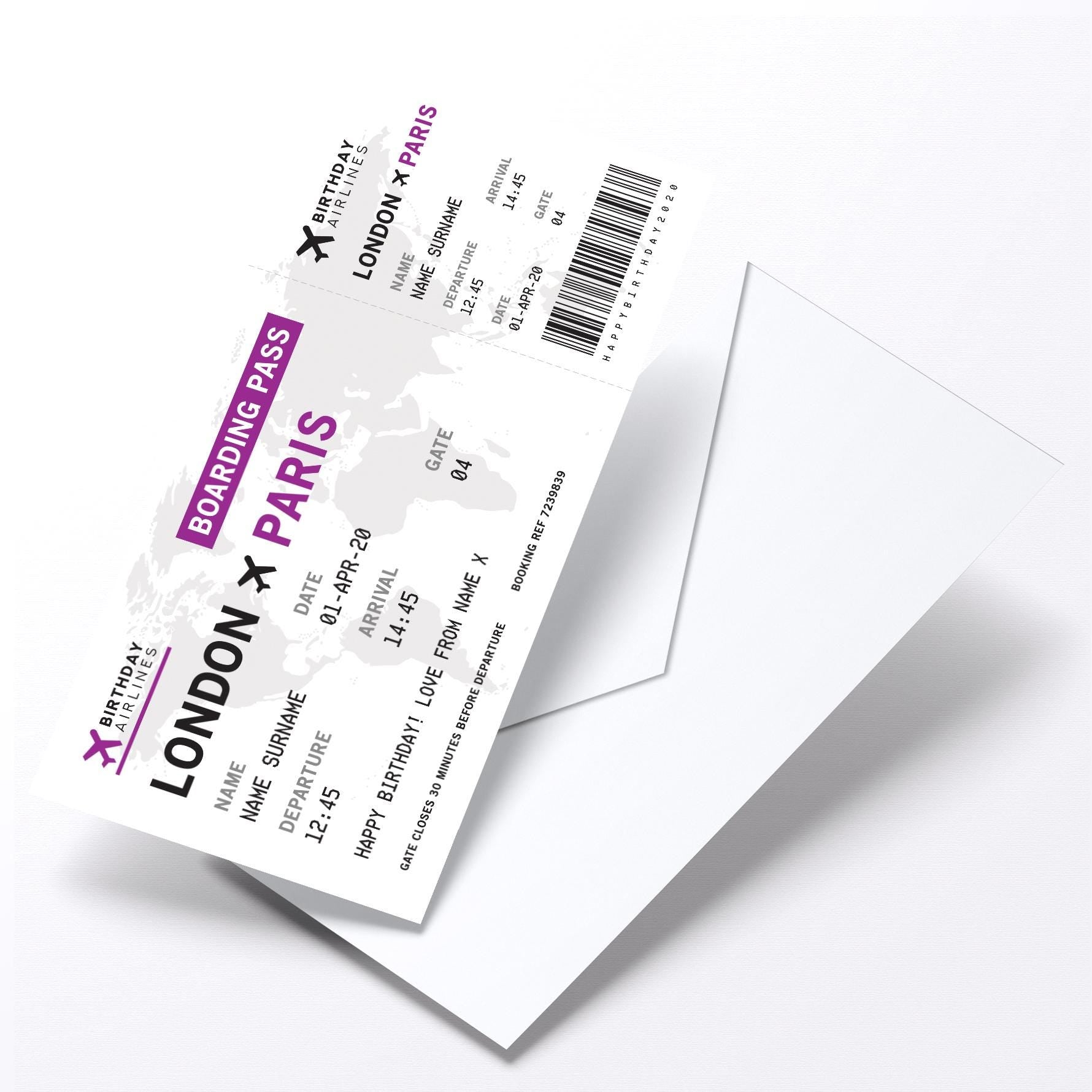 Personalised mock plane ticket Birthday / Christmas gift | Holiday trip | Perforated stub!