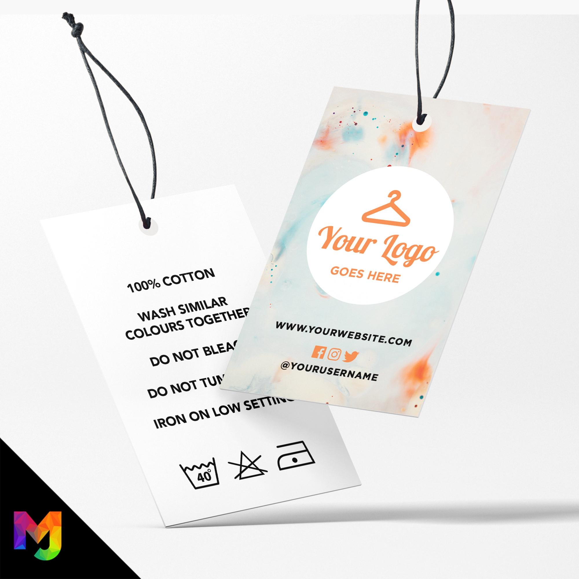 Custom printed clothing swing tags cards | Orange blue drop paint abstract style design