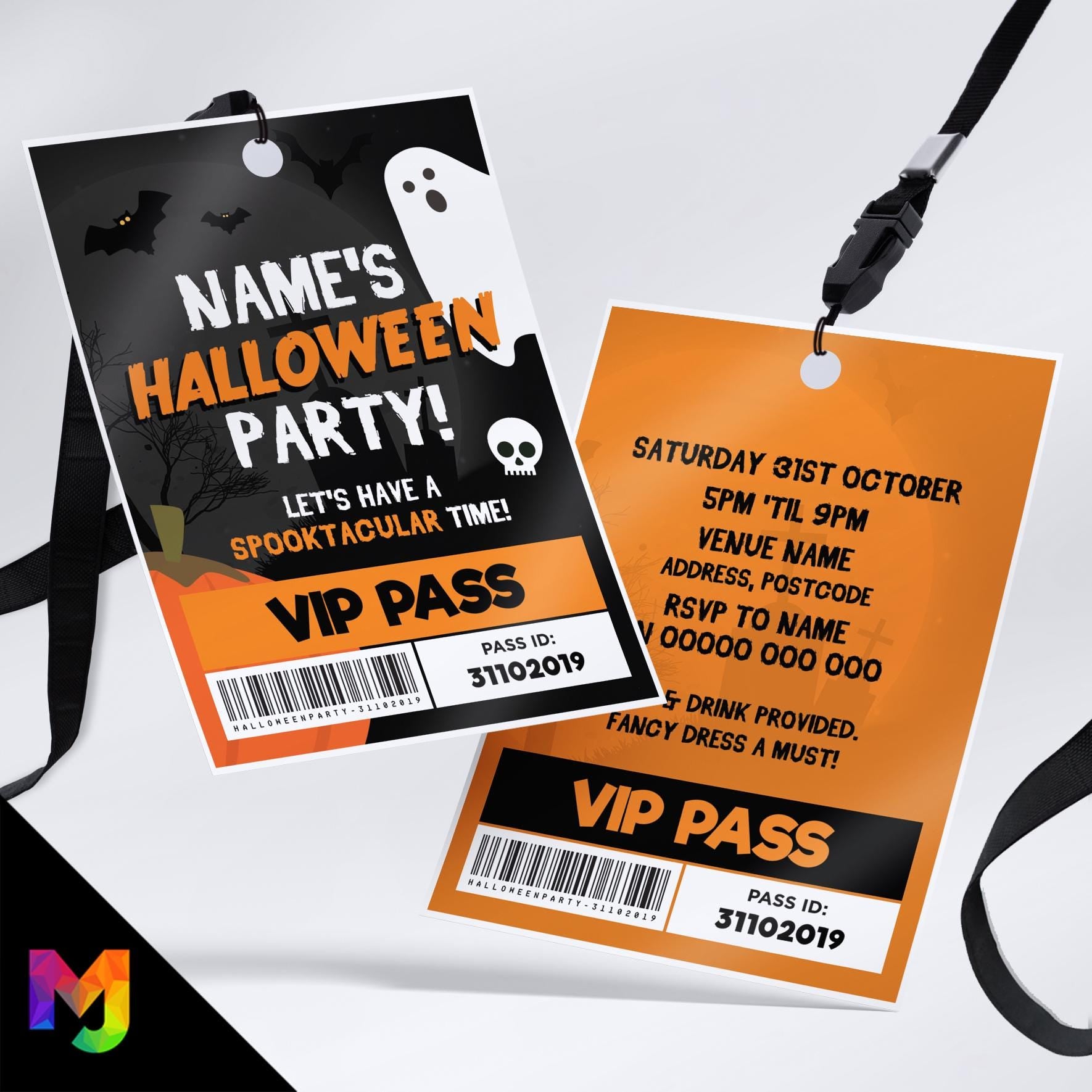 Personalised Halloween party style VIP pass & lanyard Invitations Invites | Scary ghost spooky