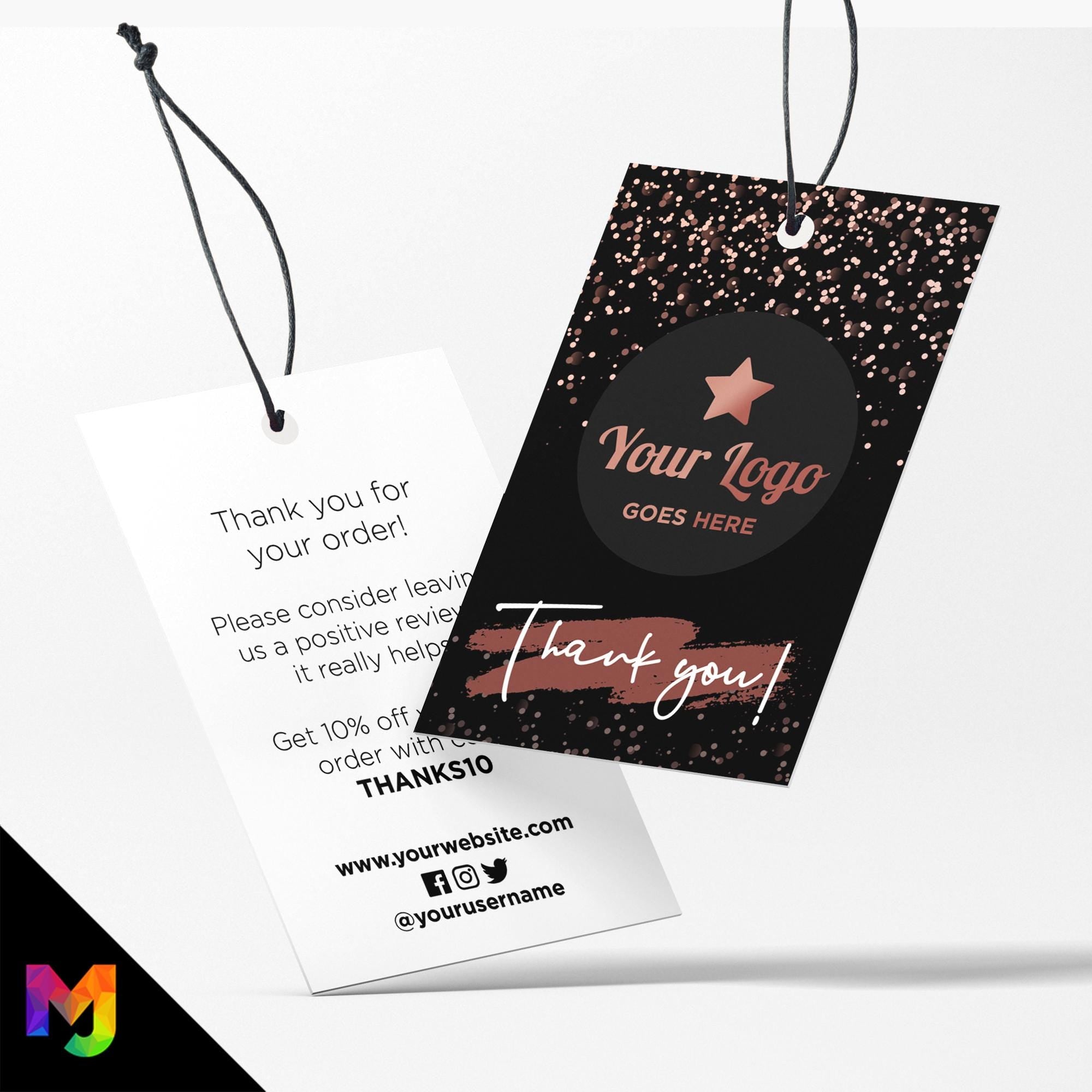 Custom printed thank you swing tags cards | Black rose gold glitter modern style design