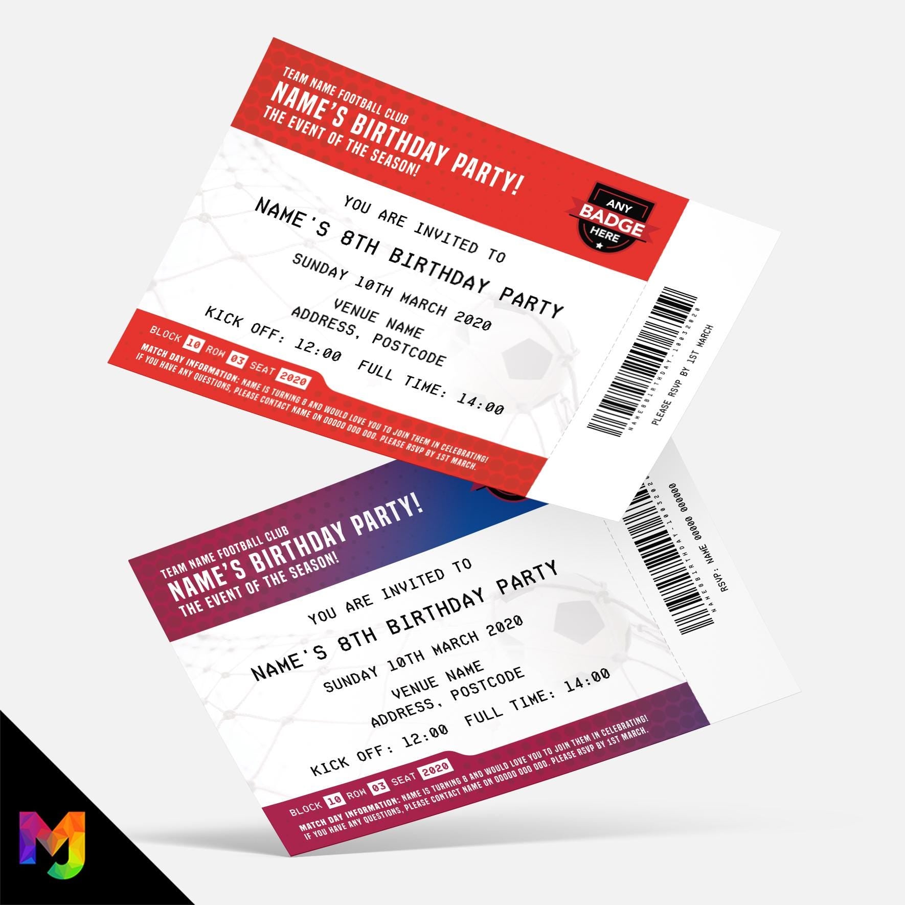 Personalised football ticket style Invitations Invites + thank you cards | Any team and colours!