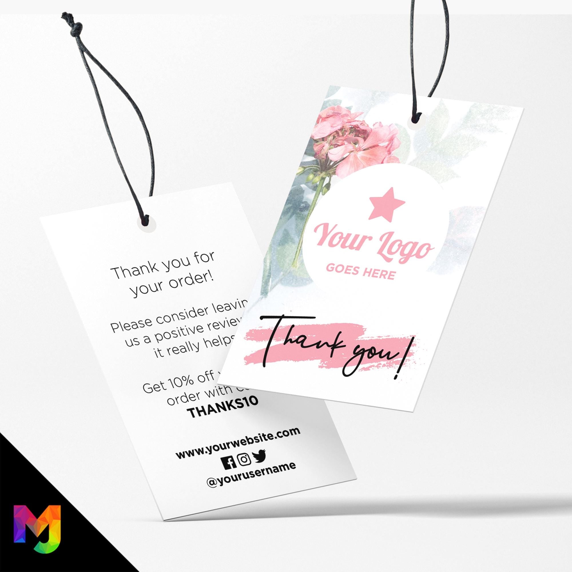 Custom printed thank you swing tags cards | Pink floral flowers feminine design