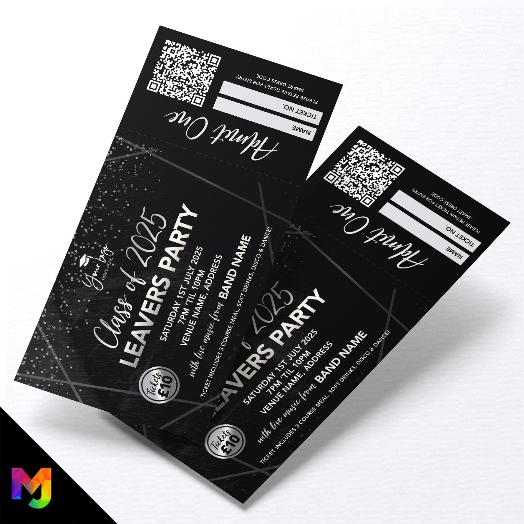 Custom printed school leavers party tickets | Perforated stubs | Black marble silver school student prom leaving party Class of 2025