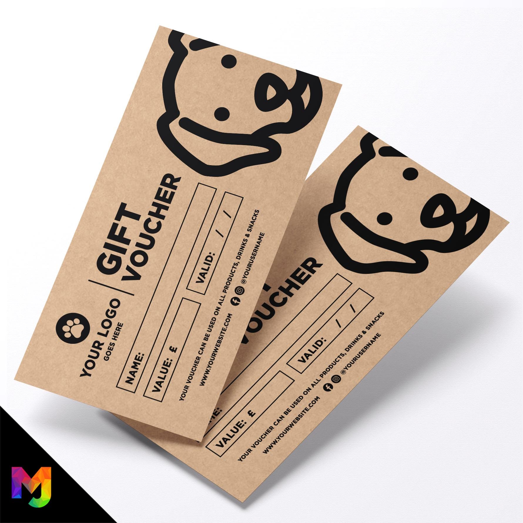 Custom printed kraft gift vouchers | Eco-friendly recycled | Dog Pets Shop Pet Walking Grooming Supplies Puppy Animals Business 1