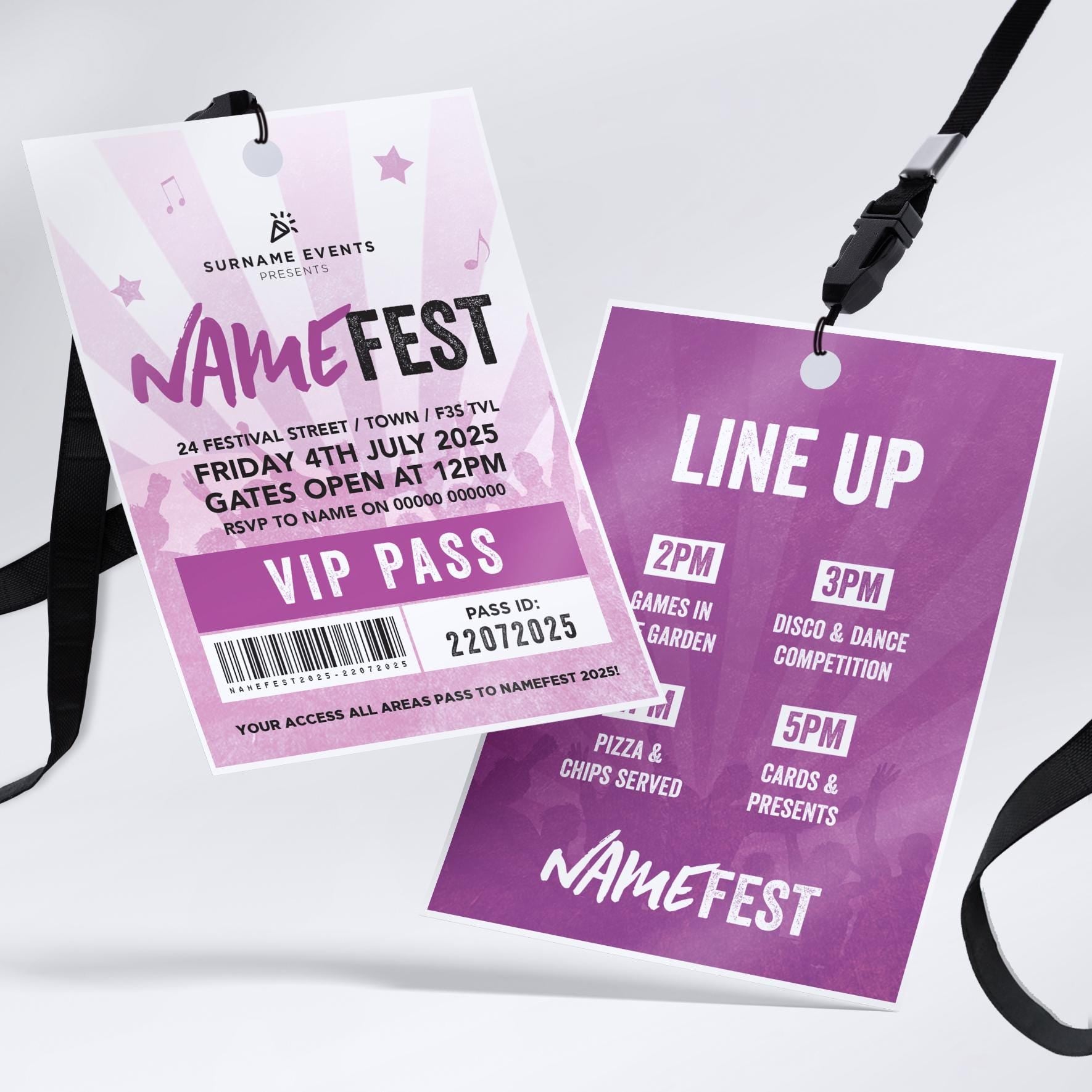 Personalised festival style VIP pass & lanyard Invitations Invites | Any colour | Music summer fest