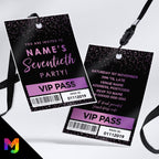 Personalised 70th birthday style VIP pass & lanyards | Purple black glitter design | ANY AGE!