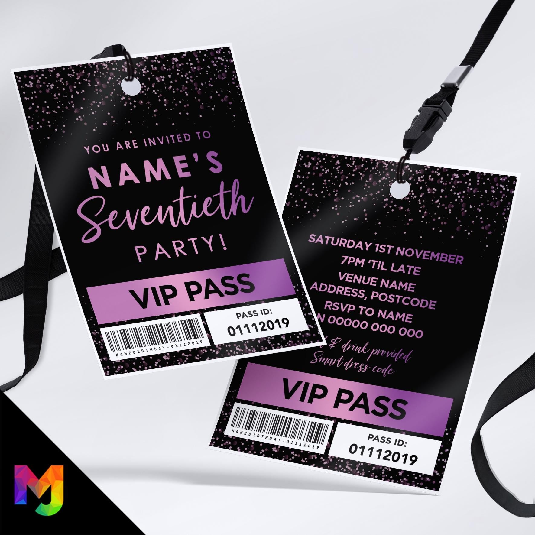 Personalised 70th birthday style VIP pass & lanyards | Purple black glitter design | ANY AGE!