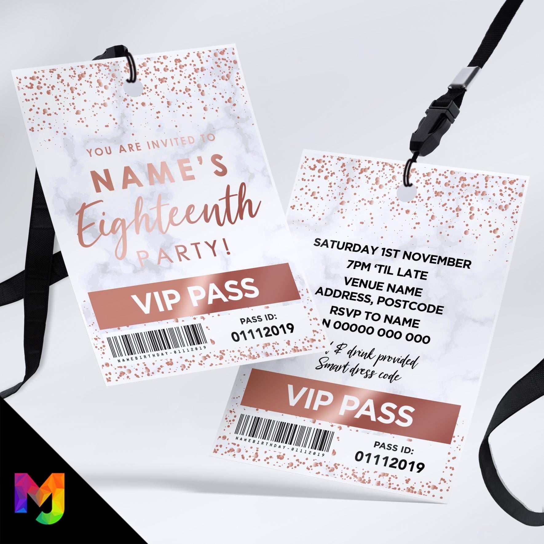 Personalised 18th birthday style VIP pass & lanyards | Marble rose gold design | ANY AGE!