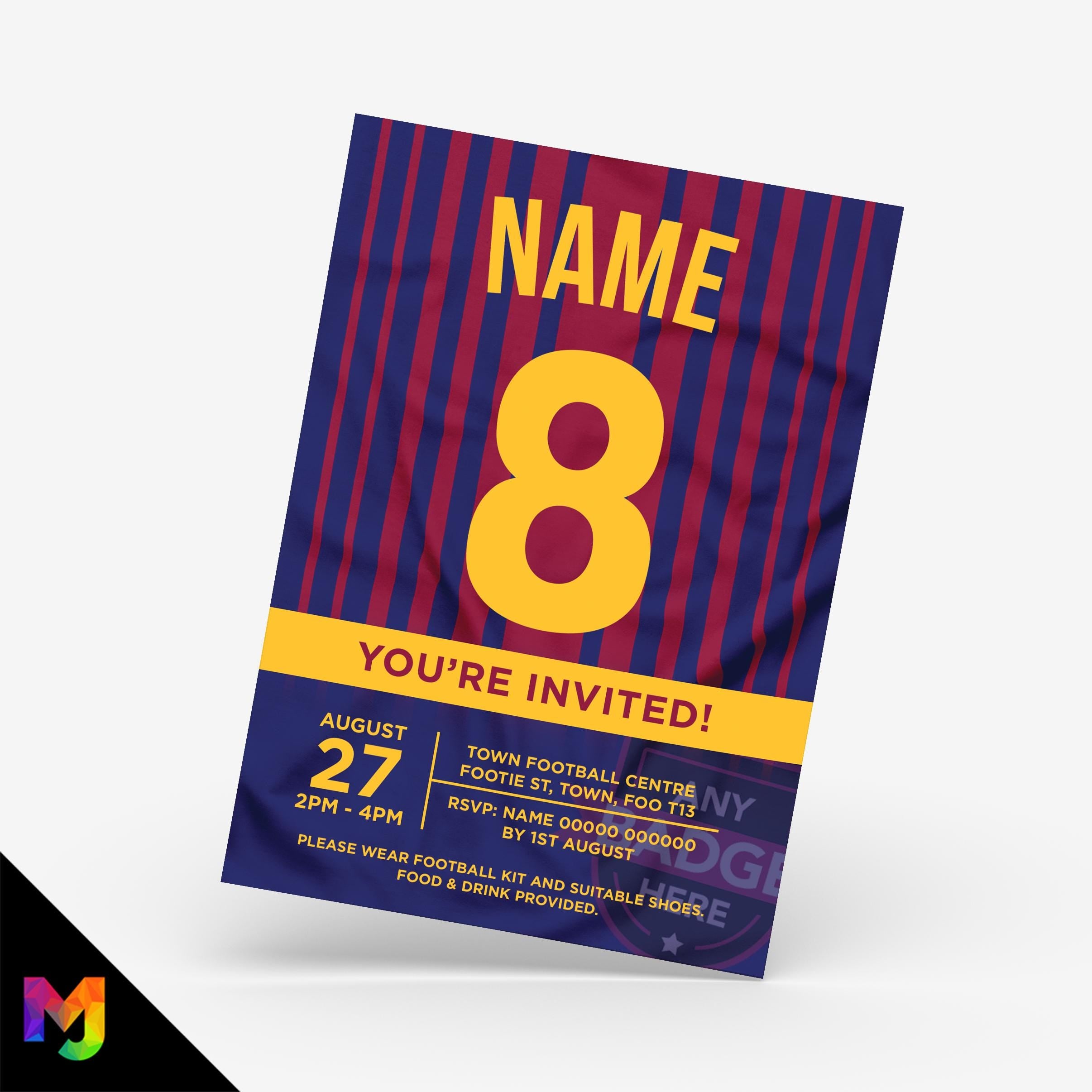 Personalised maroon & blue football shirt style Invitations Invites + thank you cards | Any colours!