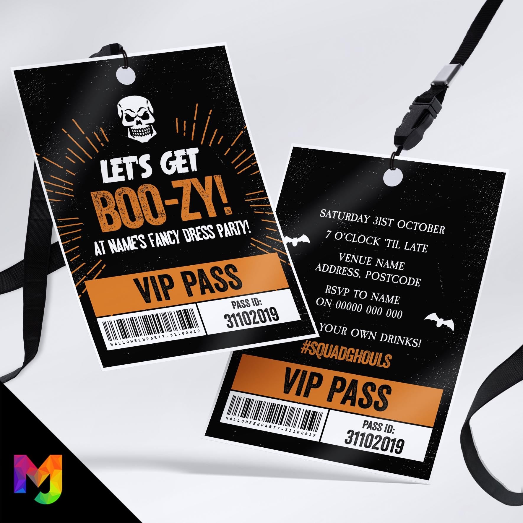 Personalised 'Let's get Boo-zy' Halloween party style VIP pass & lanyard Invitations Invites