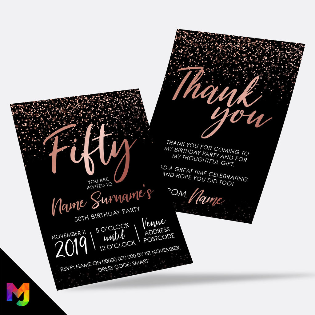 Personalised 50th birthday party Invitations Invites | Rose gold black glitter modern design
