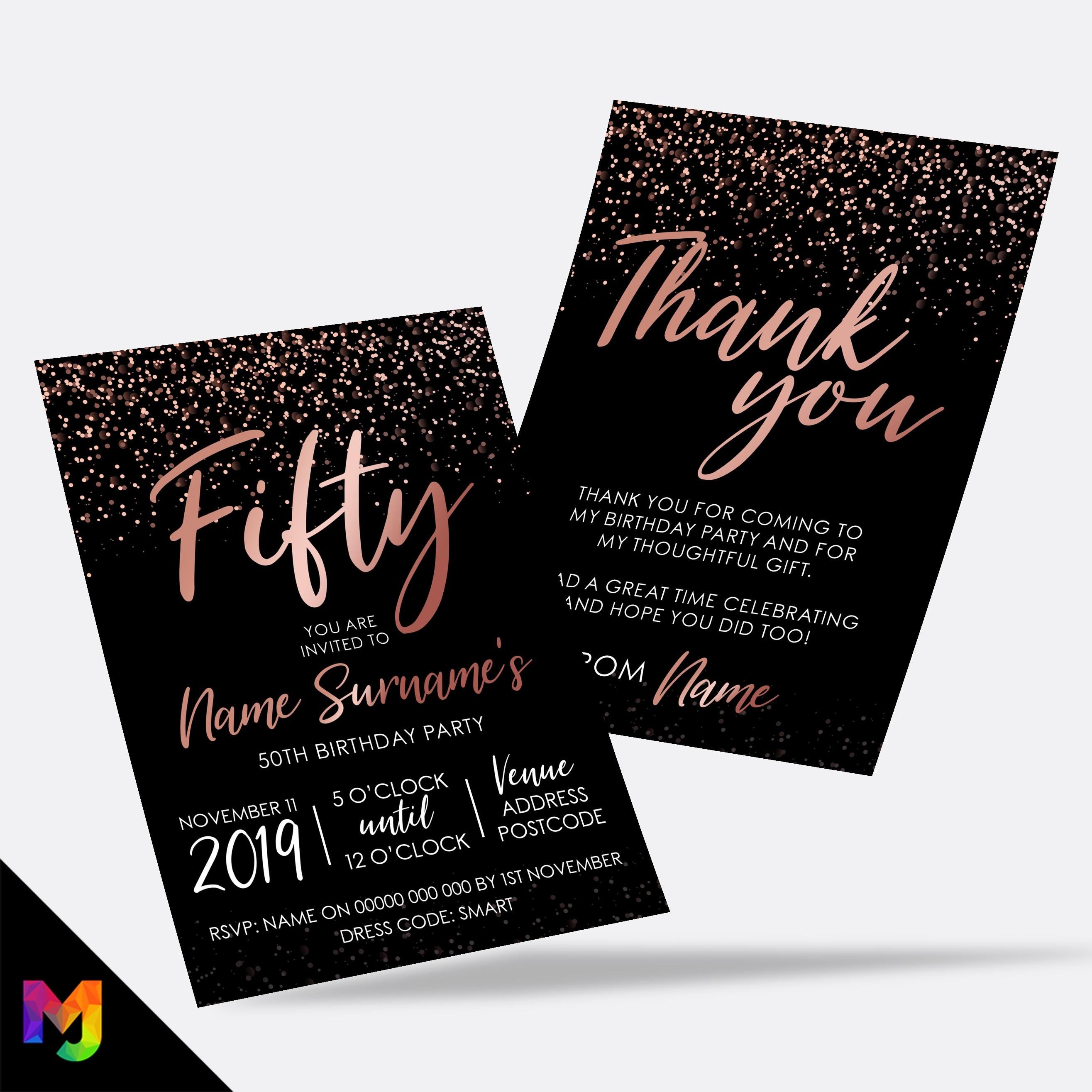 Personalised 50th birthday party Invitations Invites | Rose gold black glitter modern design