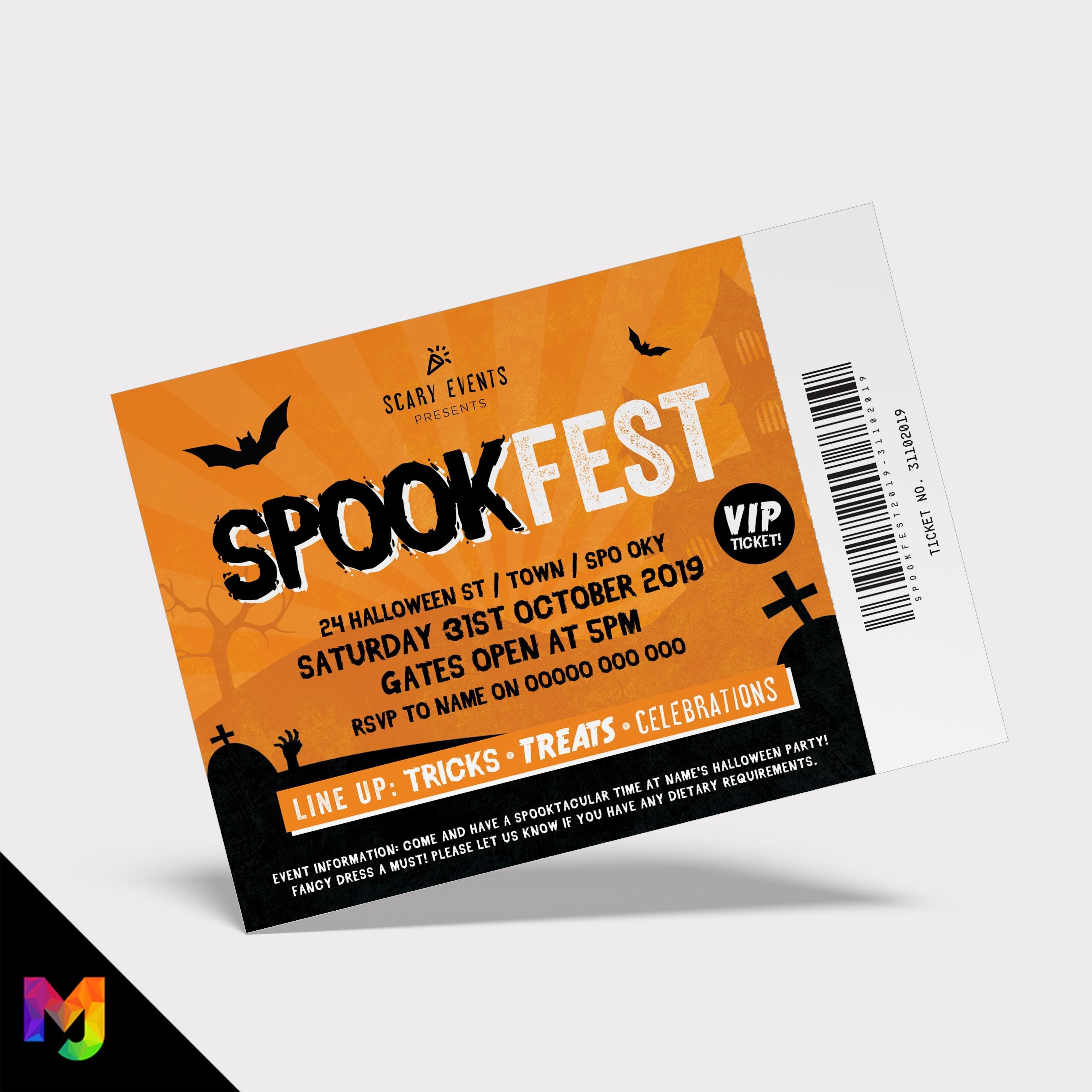 Personalised SPOOKFEST Halloween party ticket style invitations | Festival spooky invites