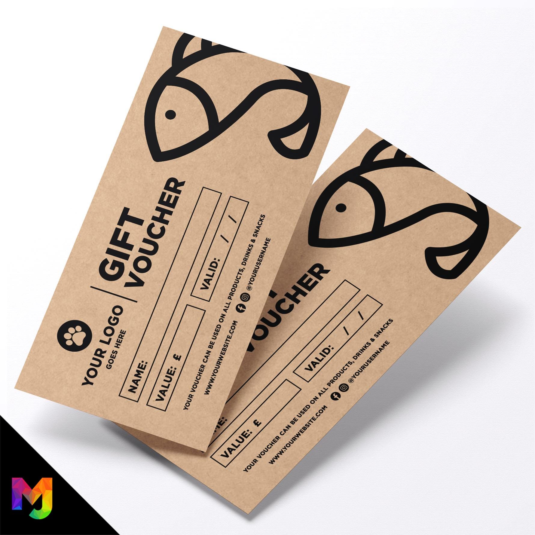Custom printed kraft gift vouchers | Eco-friendly recycled | Fish Fishing Pets Shop Pet Walking Grooming Supplies Puppy Animals Business 4